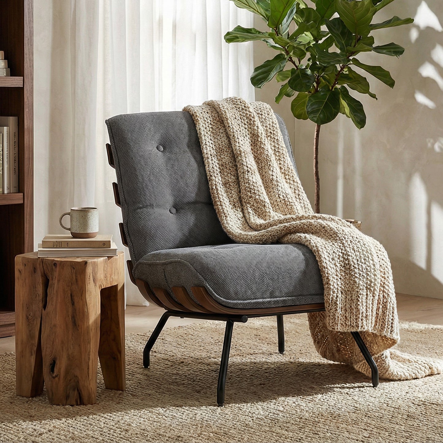 HOMCOM Accent Chair Linen Look Fabric Reading Chair With Pocket Spring Cushions Slatted Support Steel Frame Dark Grey