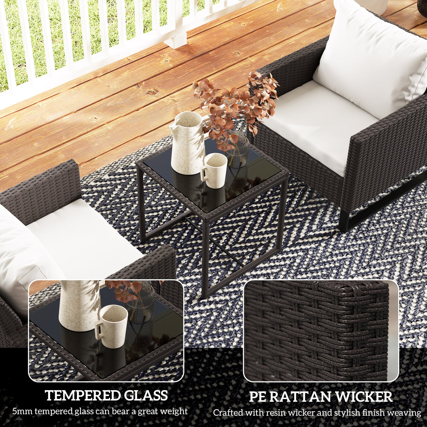 Outsunny 3 Piece Rattan Bistro Set With Glass Top Table And 4 Cushions For Outdoor Patio Balcony Garden Brown