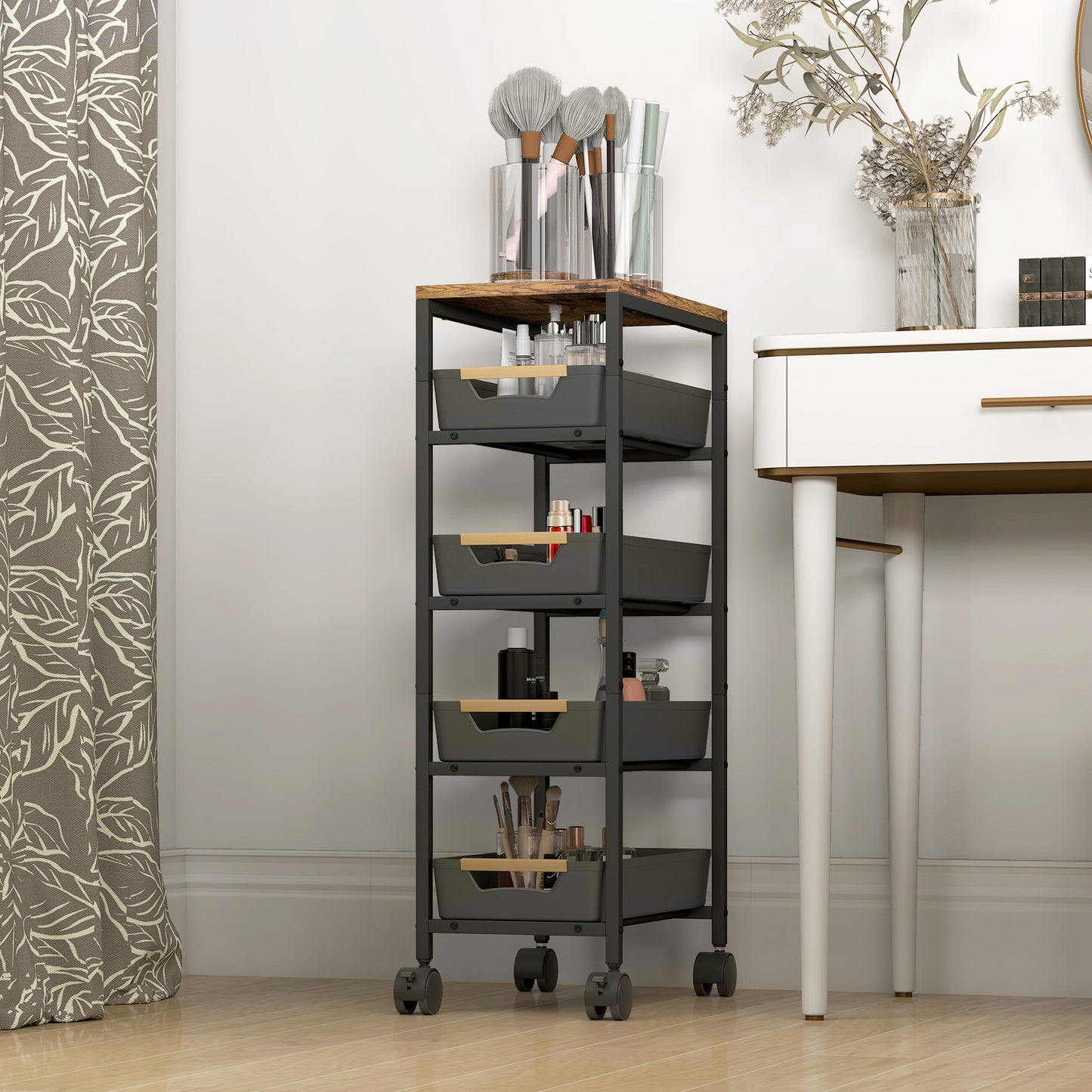 HOMCOM 5 Tier Storage Trolley On Wheels Black With Wood Effect Top Kitchen Cart For Small Spaces