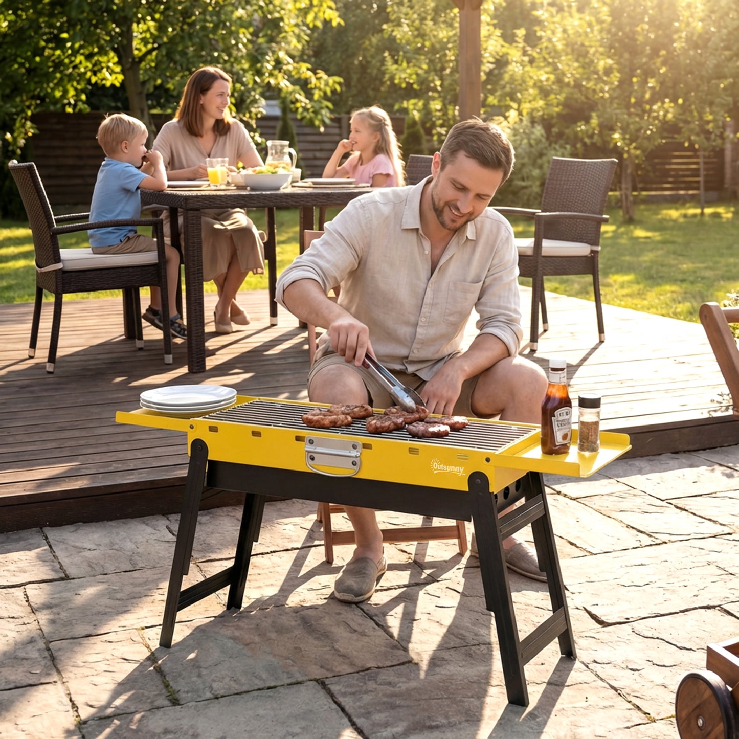 Outsunny Yellow Portable Foldable Charcoal BBQ Grill For Camping And Picnics With Two Side Shelves And Handle