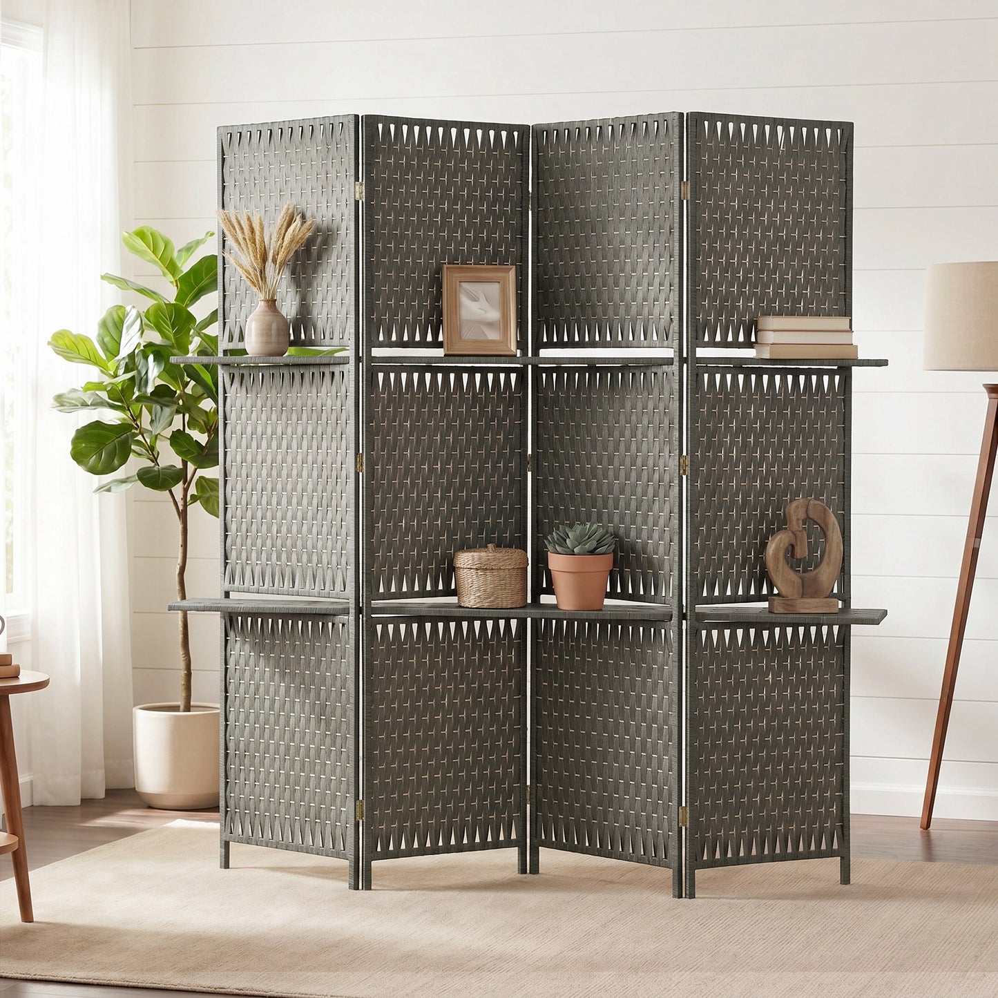 HOMCOM Wave Fibre Freestanding Folding Privacy Screen Panels Room Divider Grey With Shelves For Storage