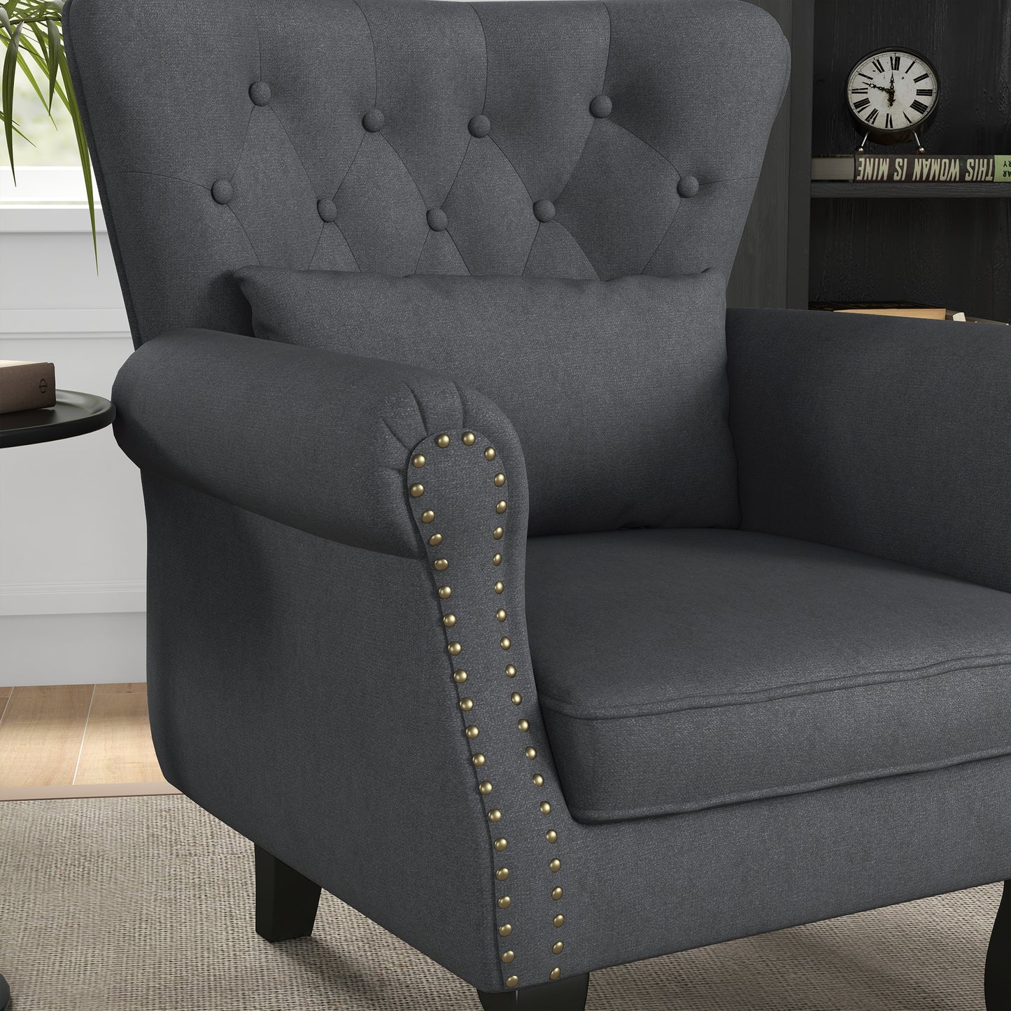 HOMCOM Chic Dark Grey Chesterfield Wingback Accent Chair with Tufted Upholstery and Lumbar Pillow - ALL4U RETAILER LTD