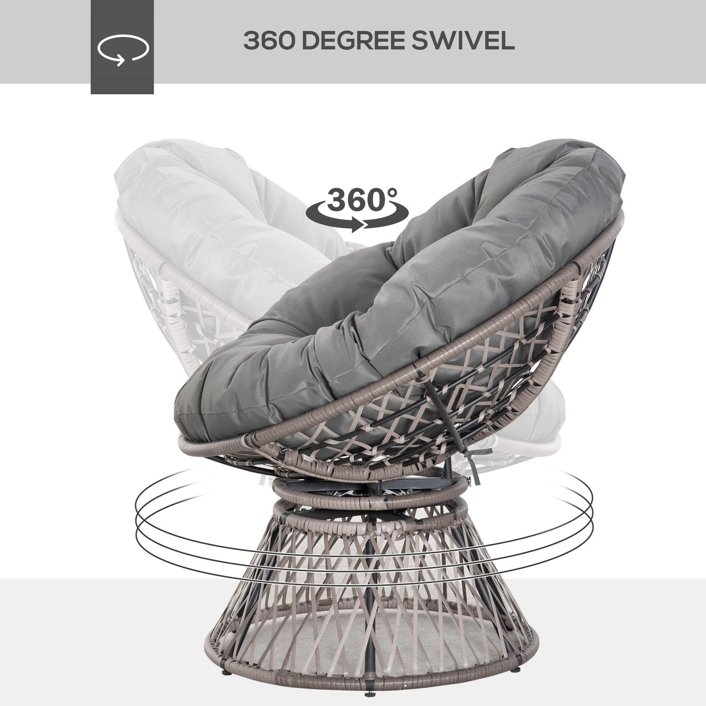 Outsunny 360° Swivel Rattan Papasan Moon Bowl Chair Round Outdoor w/ Padded-Grey - ALL4U RETAILER LTD