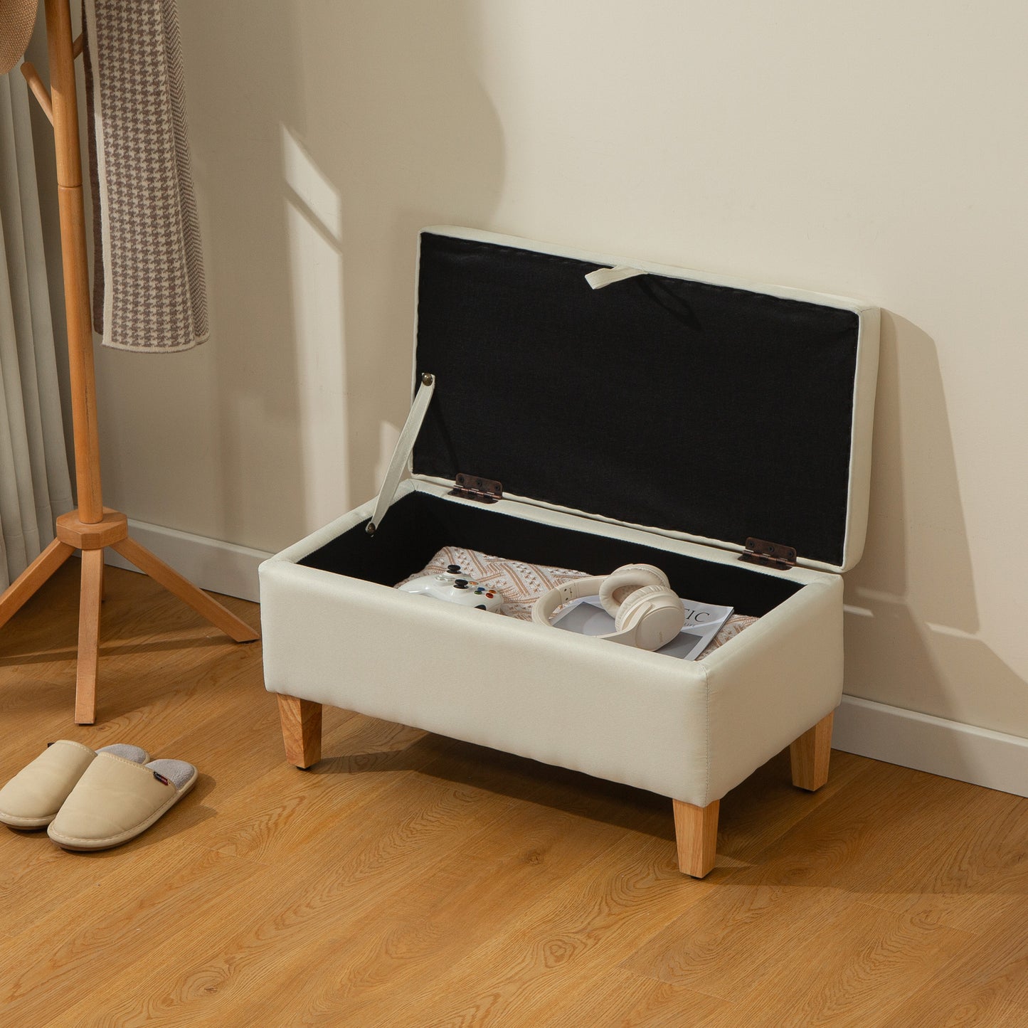 HOMCOM 30L Linen Storage Ottoman Padded Footstool With Rubberwood Legs Beige For Storage Box Bed End Shoe Bench Seating