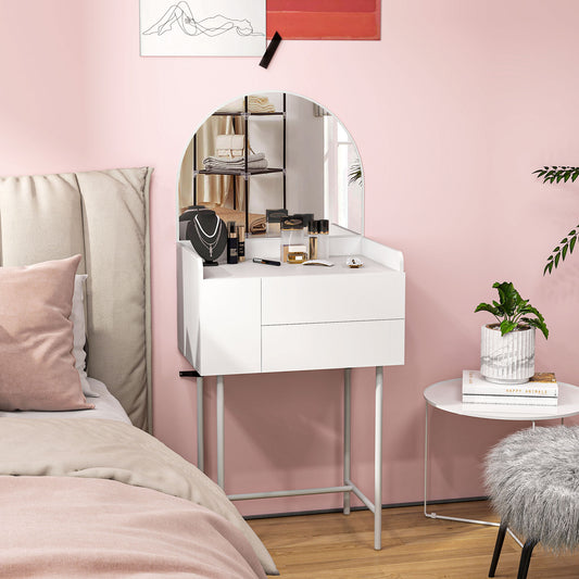 HOMCOM Three Drawer Compact Dressing Table White Vanity Desk With Large Arch Mirror