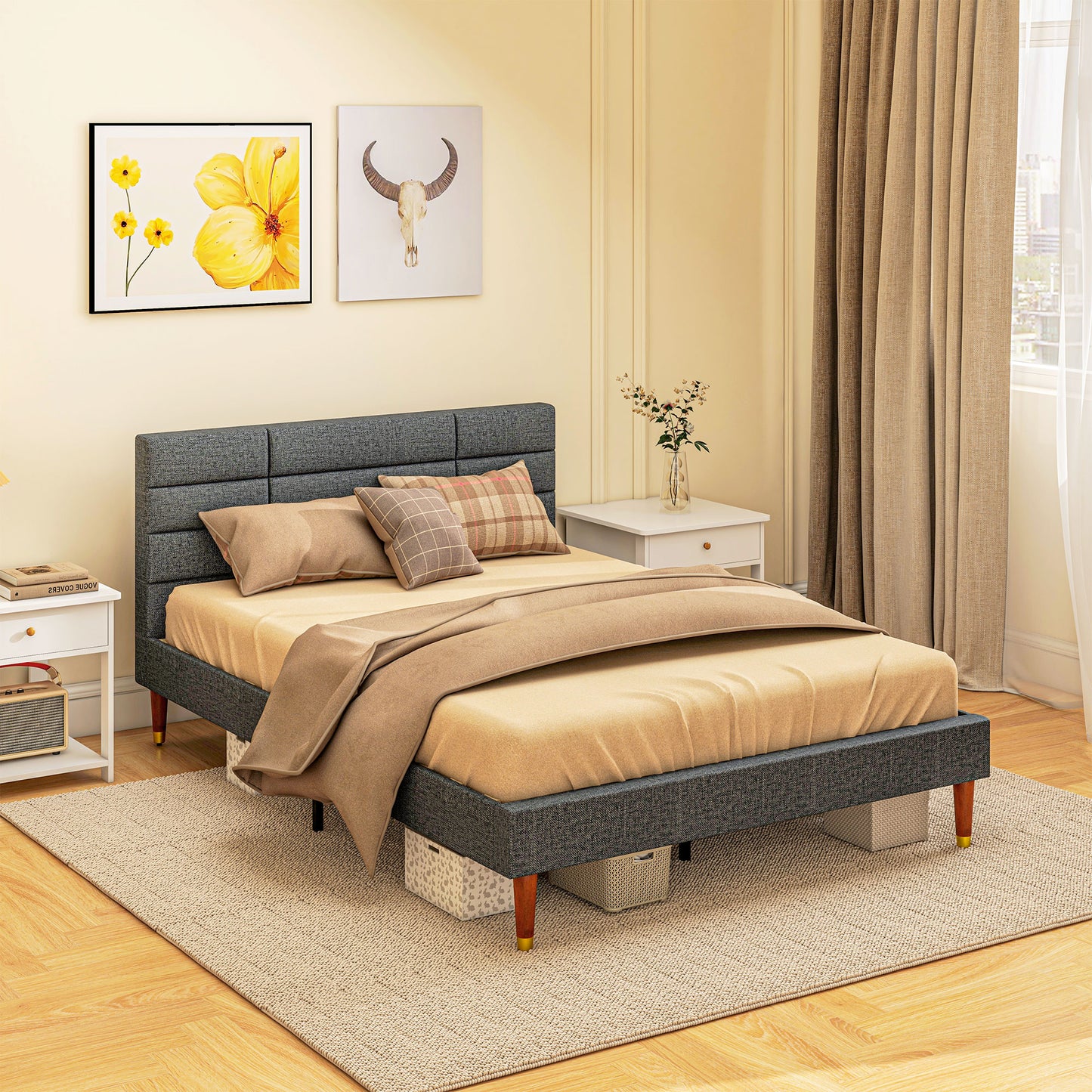 HOMCOM 4ft5 Stylish Upholstered Double Bed Frame with Underbed Storage and Tufted Headboard – No Box Spring Required - ALL4U RETAILER LTD