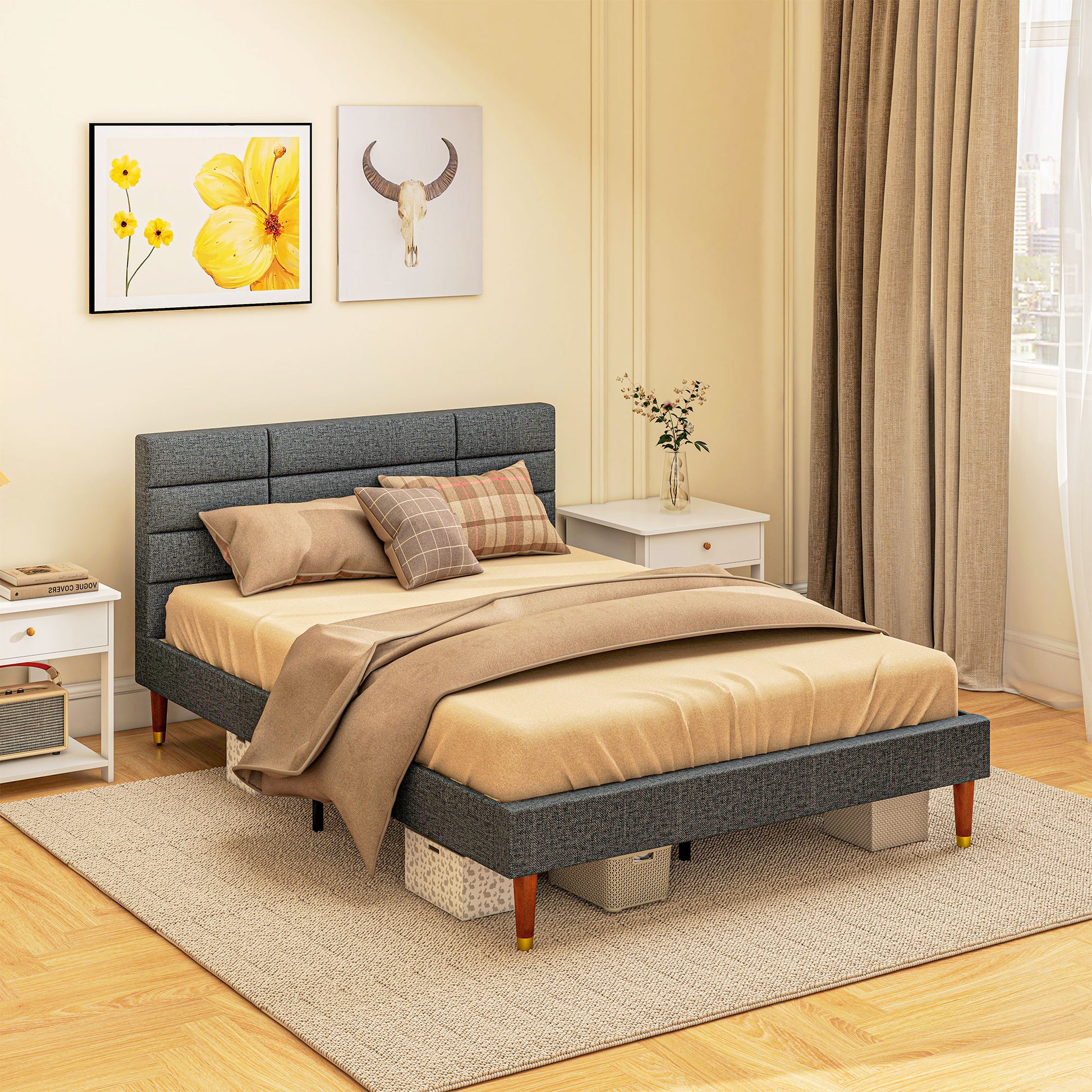 HOMCOM 4ft5 Stylish Upholstered Double Bed Frame with Underbed Storage and Tufted Headboard – No Box Spring Required - ALL4U RETAILER LTD