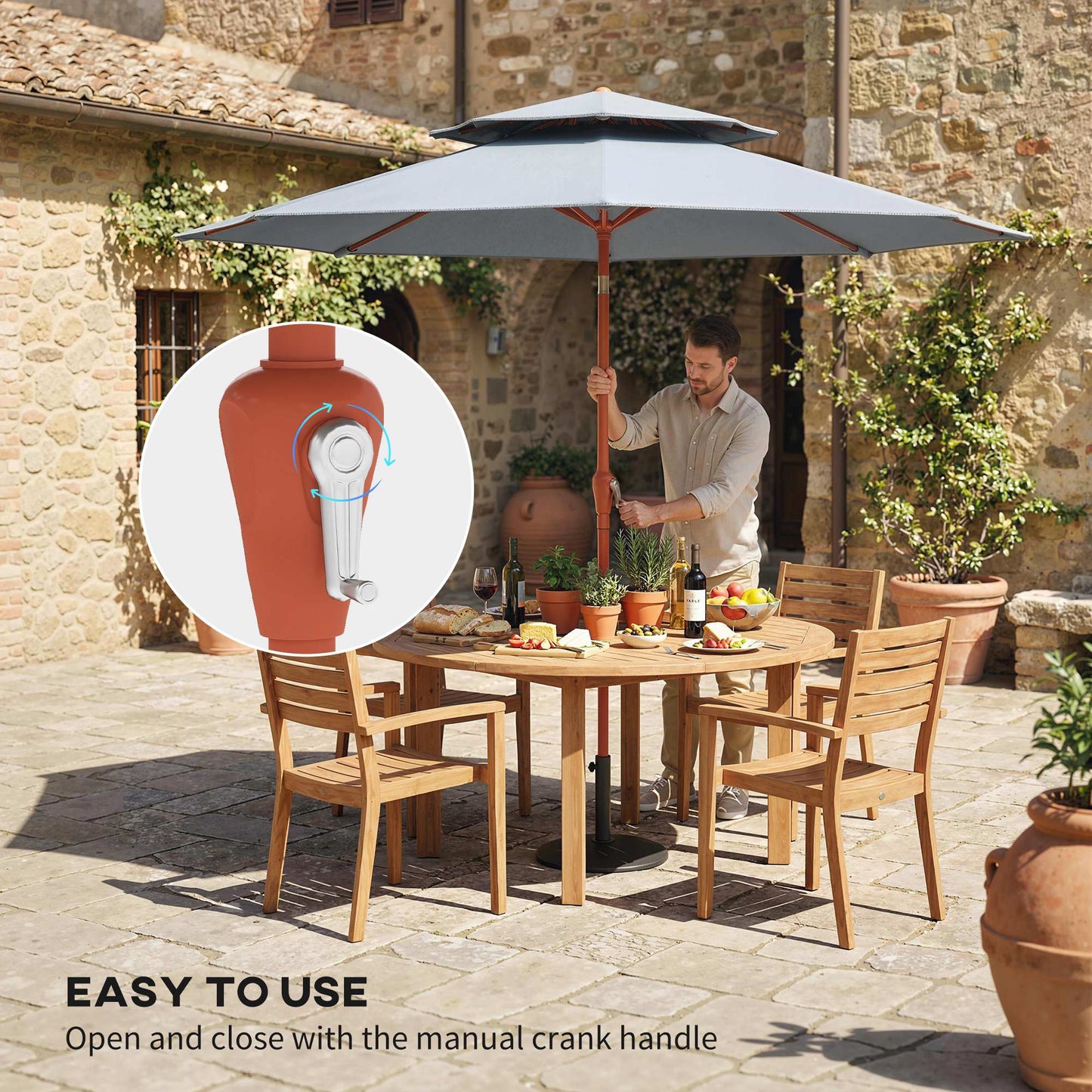 Outsunny 2.7m Garden Parasol With Double Top Canopy Outdoor Market Table Umbrella Crank System Light Grey