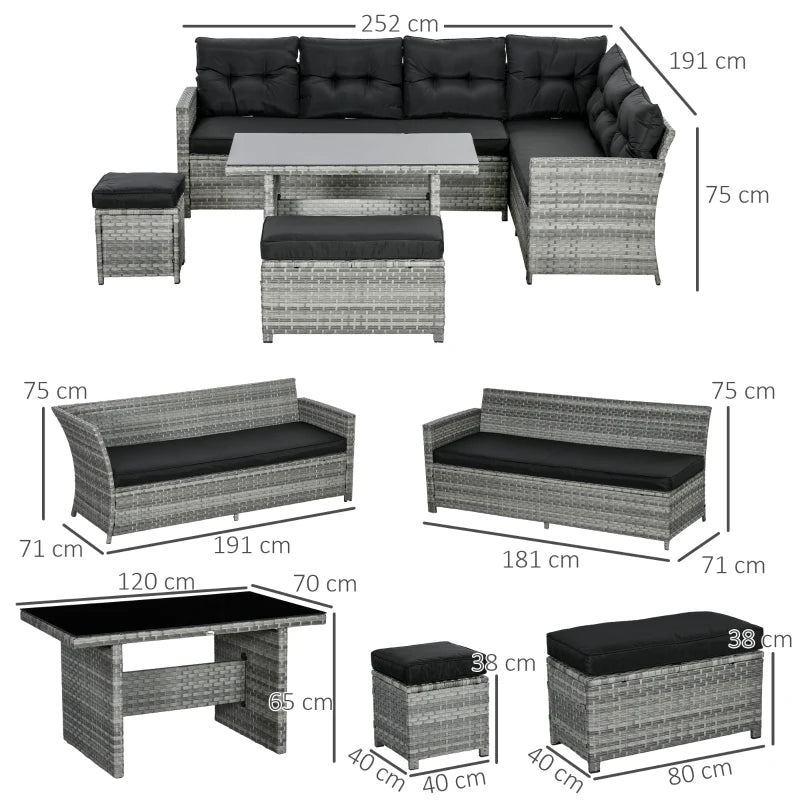 Outsunny 5-Piece Rattan Patio Furniture Set - Mixed Grey, Corner Sofa, Footstools, Glass Coffee Table, Cushions - Outdoor Seating Ensemble - ALL4U RETAILER LTD