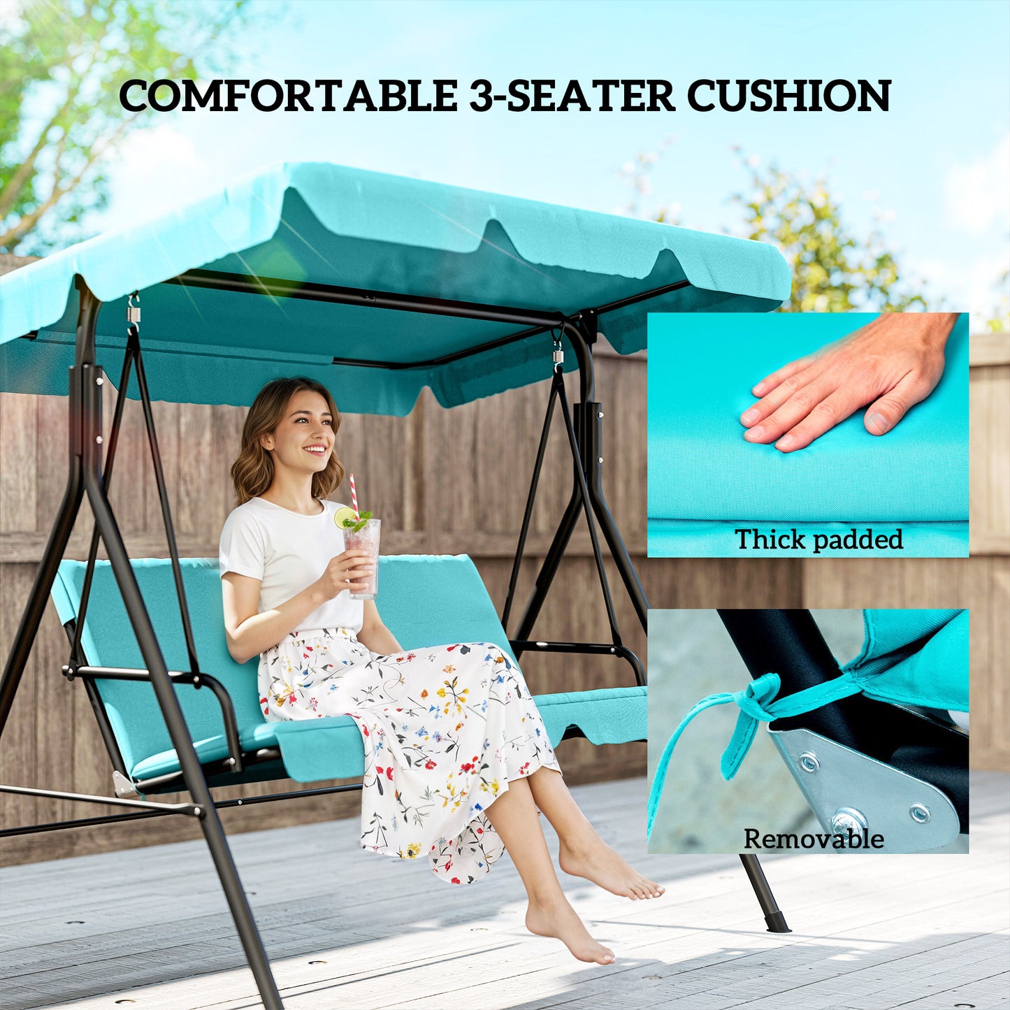 Outsunny Three Seater Garden Swing Chair With Adjustable Canopy Blue Cushioned Seat And High Back