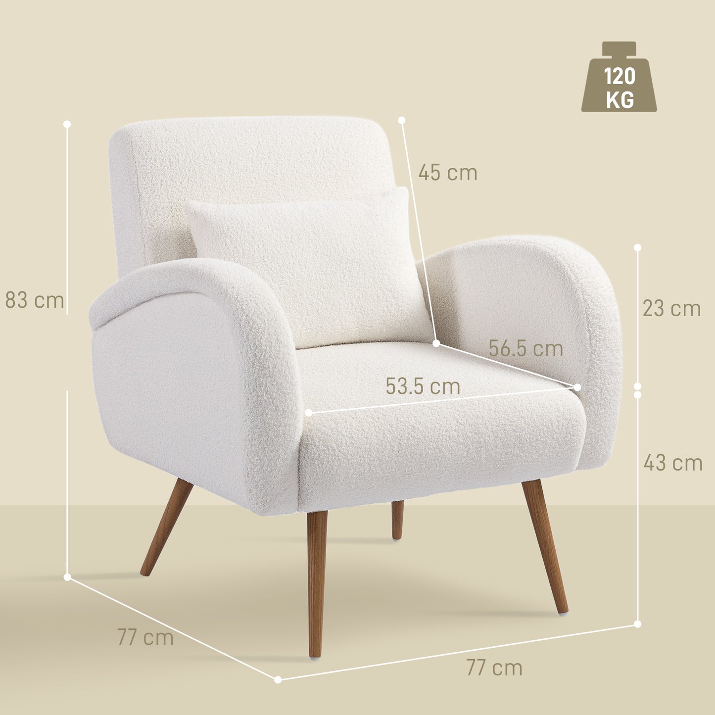 HOMCOM Teddy Fleece Accent Chair Cream White With High Resilience Foam And Removable Washable Lumbar Cushion