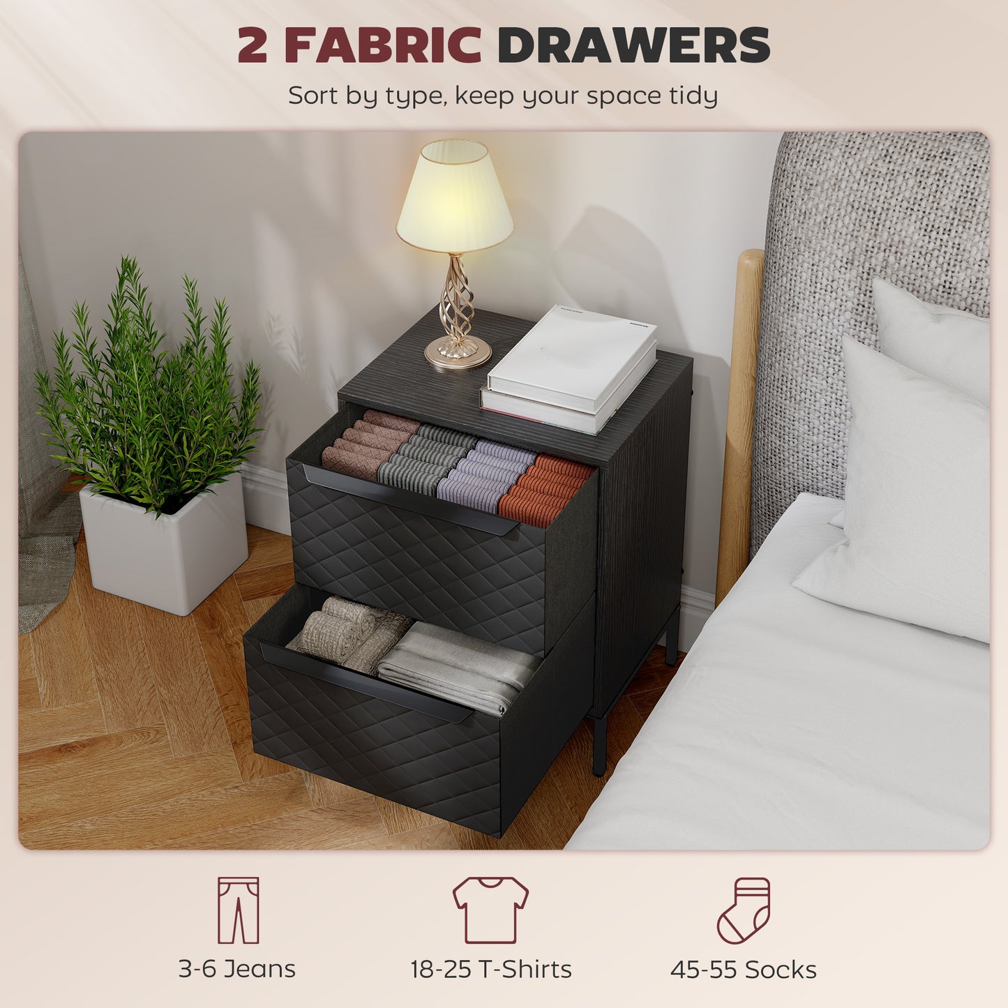 HOMCOM Chest Of Drawers With Fabric Drawers And Aluminium Handles Black Modern MDF Frame