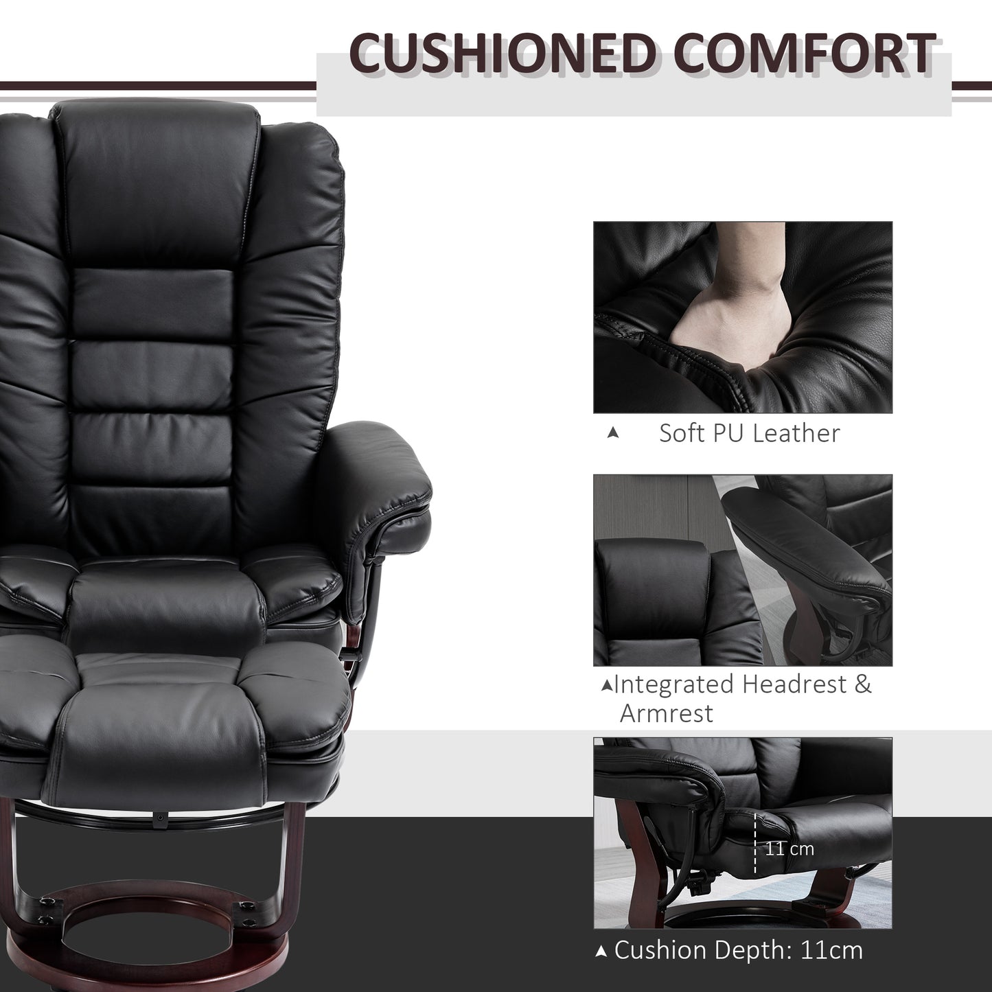 HOMCOM PU Leather Recliner Chair With Footstool 130kg Capacity 135 Degree Swivel Wood Base Black