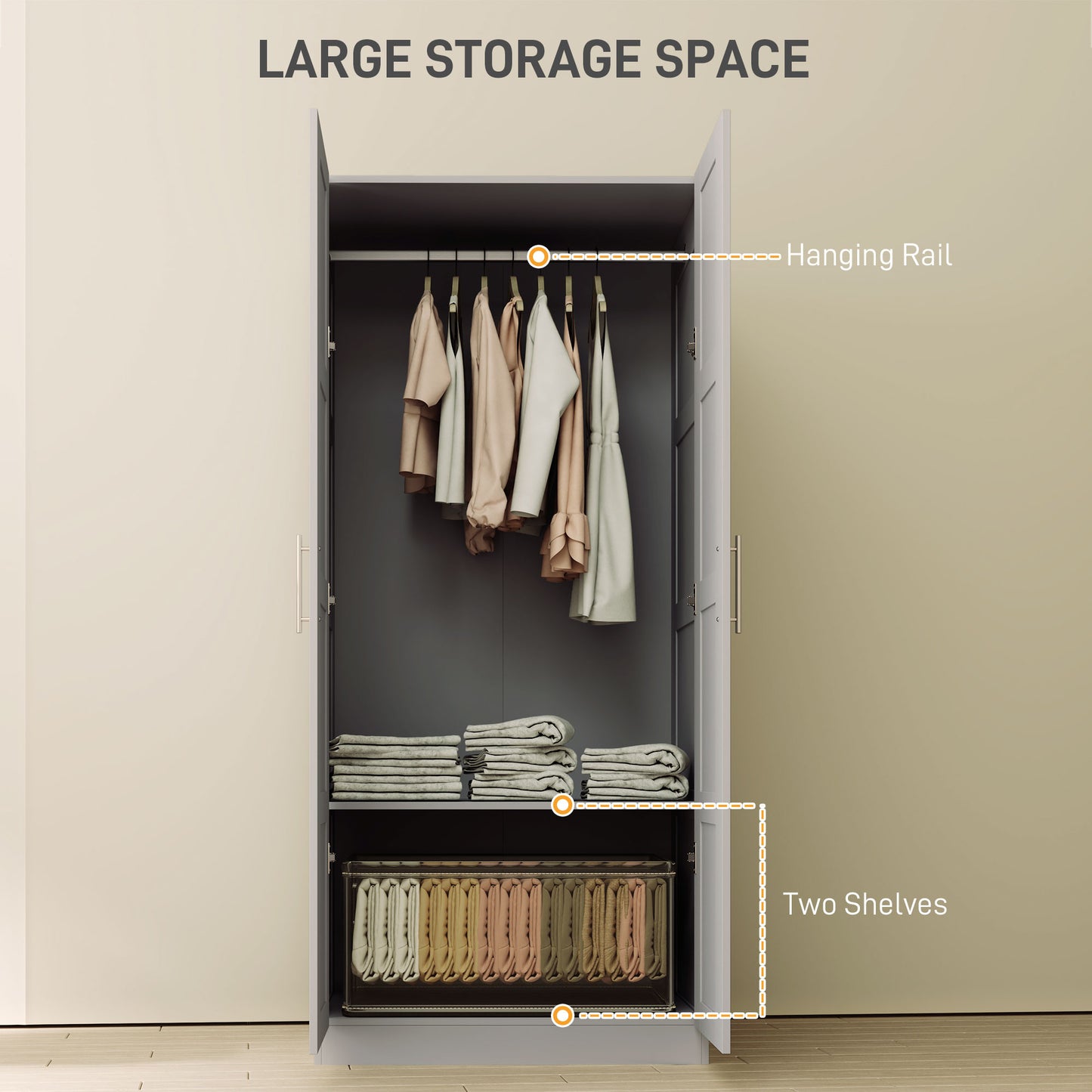 HOMCOM Double Paneled Door Wardrobe With Shelves Grey Soft Close Doors for Bedroom Storage