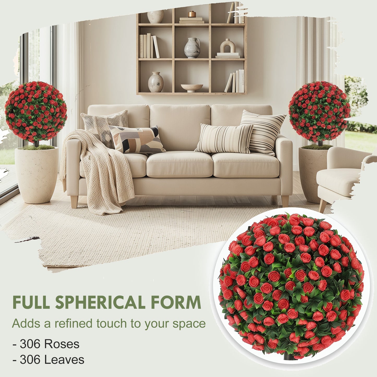 HOMCOM Artificial Rose Topiary UV Resistant Two Pack Faux Plants 55 Cm Red Outdoor Garden Decor