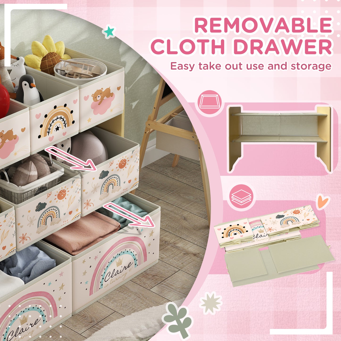 AIYAPLAY 3 Tier Kids Storage Unit With 9 Nonwoven Fabric Boxes For Toys Books Clothes Bedroom Nursery Yellow