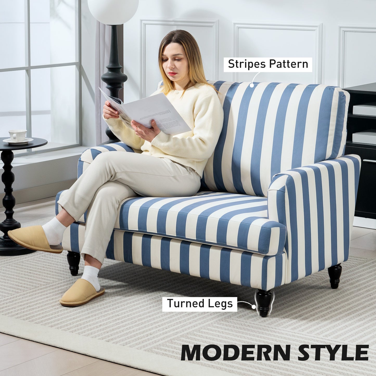 HOMCOM Velvet Cuddle Chair With Stripe Blue And White Modern Armchair Snuggle Sofa For Living Room Bedroom Turned Legs