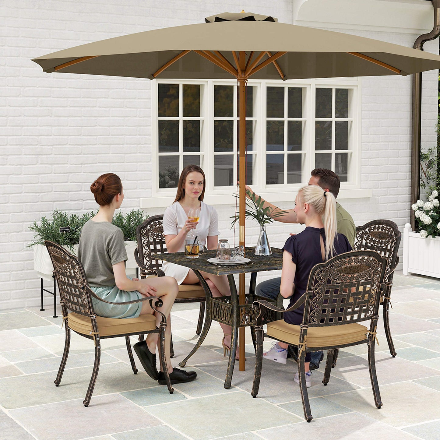 Outsunny Five Piece Cast Aluminium Garden Dining Set Bronze Tone With Square Table And Floral Grid Cutouts