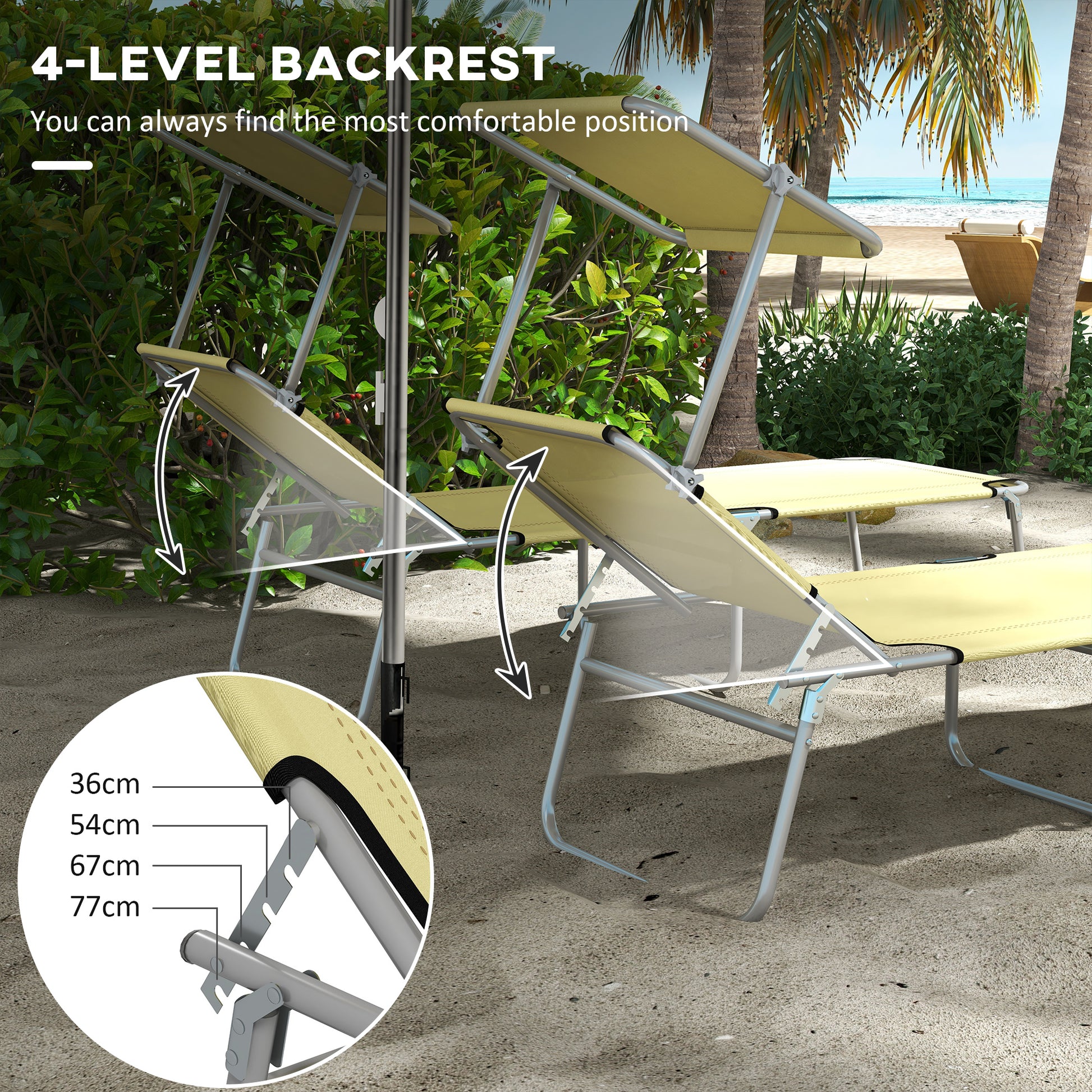 Outsunny Adjustable Outdoor Sun Lounger Set of 2 with Canopy, Beige Reclining Chairs - ALL4U RETAILER LTD