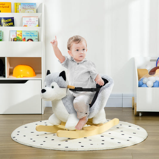 HOMCOM Baby Rocking Horse Husky Plush Wooden Child w/ Seat Belt Grey Ride on Toy for Kids 18-36 Months - ALL4U RETAILER LTD