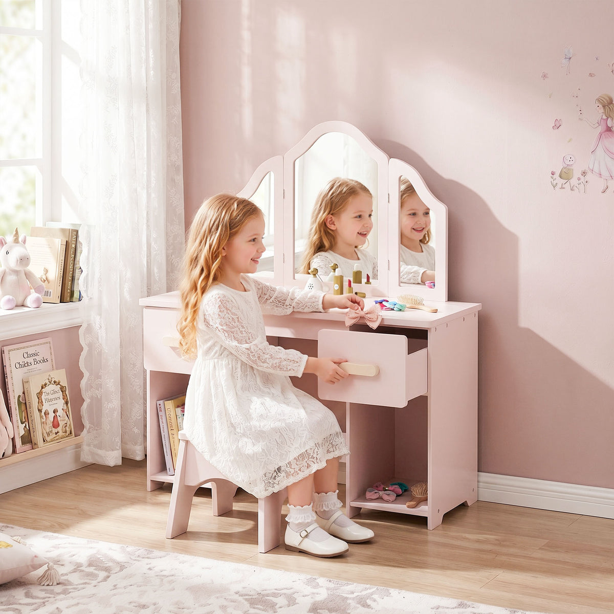 Kids white vanity table set with tri-fold mirror and drawers, plus matching chair