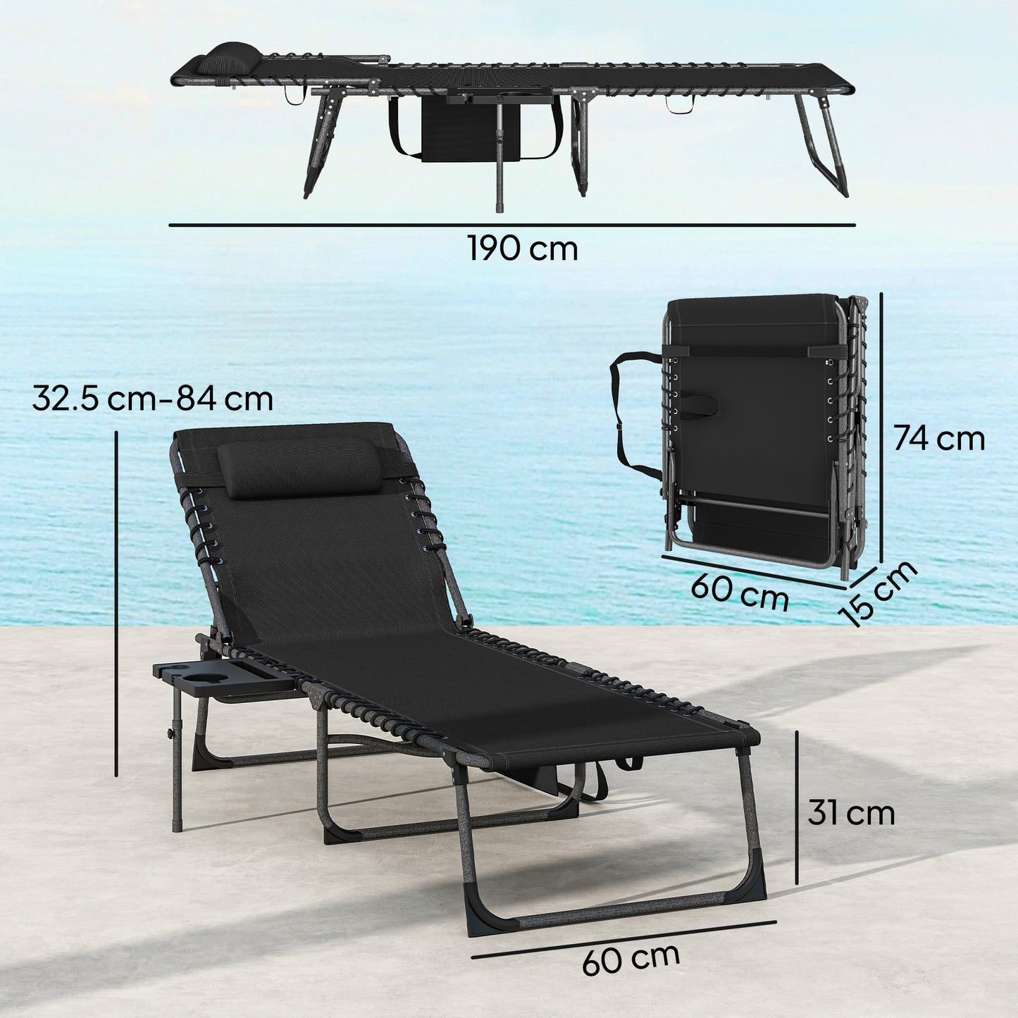 Outsunny Five Position Reclining Sun Loungers Set Of Two In Black With Powder Coated Steel Frames And Removable Pillow
