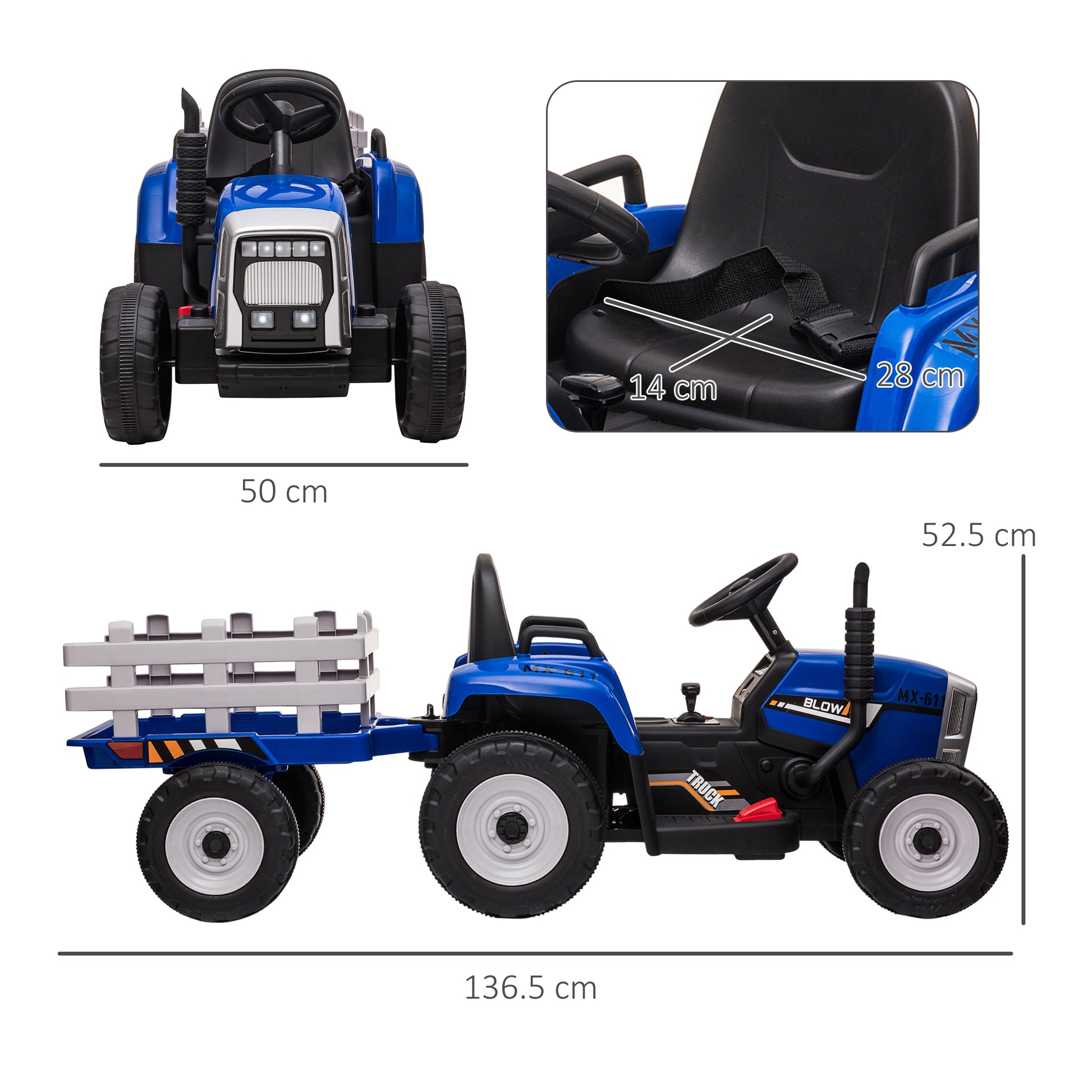 HOMCOM Electric Ride on Tractor with Detachable Trailer 12V Kids Battery Powered Electric Car with Remote Control Music Start up Sound Blue - ALL4U RETAILER LTD