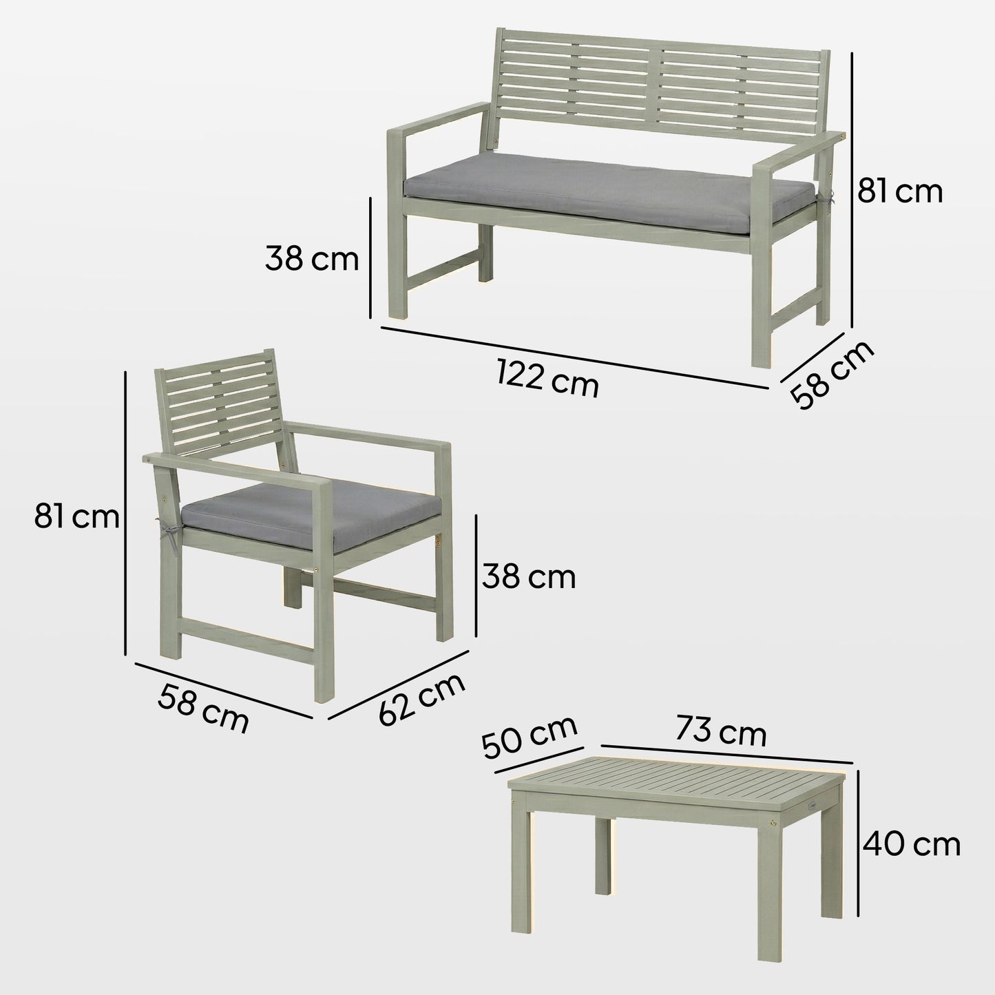 Outsunny 4 Piece Outdoor Wooden Garden Furniture Set Acacia Wood Loveseat Armchairs Table Light Grey Cushions
