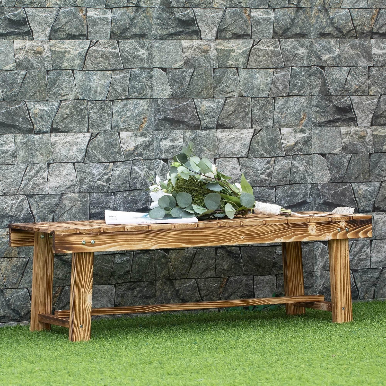 Carbonised fir wooden 2-seater bench with slatted seat and sturdy cross-brace base