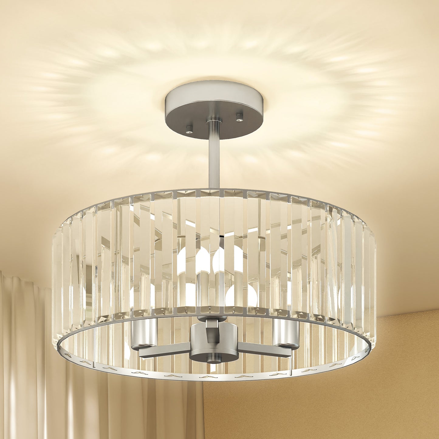 HOMCOM Crystal Ceiling Light Fixture Set of 2 Semi Flush Mount Modern Chandelier with 3 Lights E14 Base Silver Tone