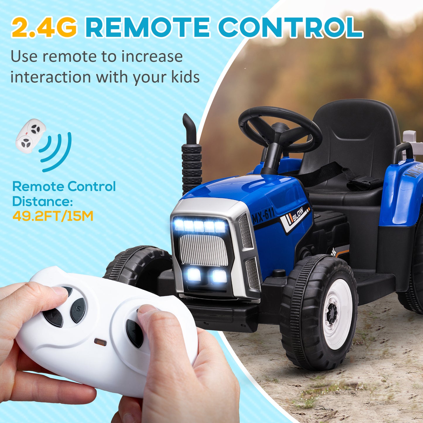 HOMCOM Electric Ride on Tractor with Detachable Trailer 12V Kids Battery Powered Electric Car with Remote Control Music Start up Sound Blue - ALL4U RETAILER LTD