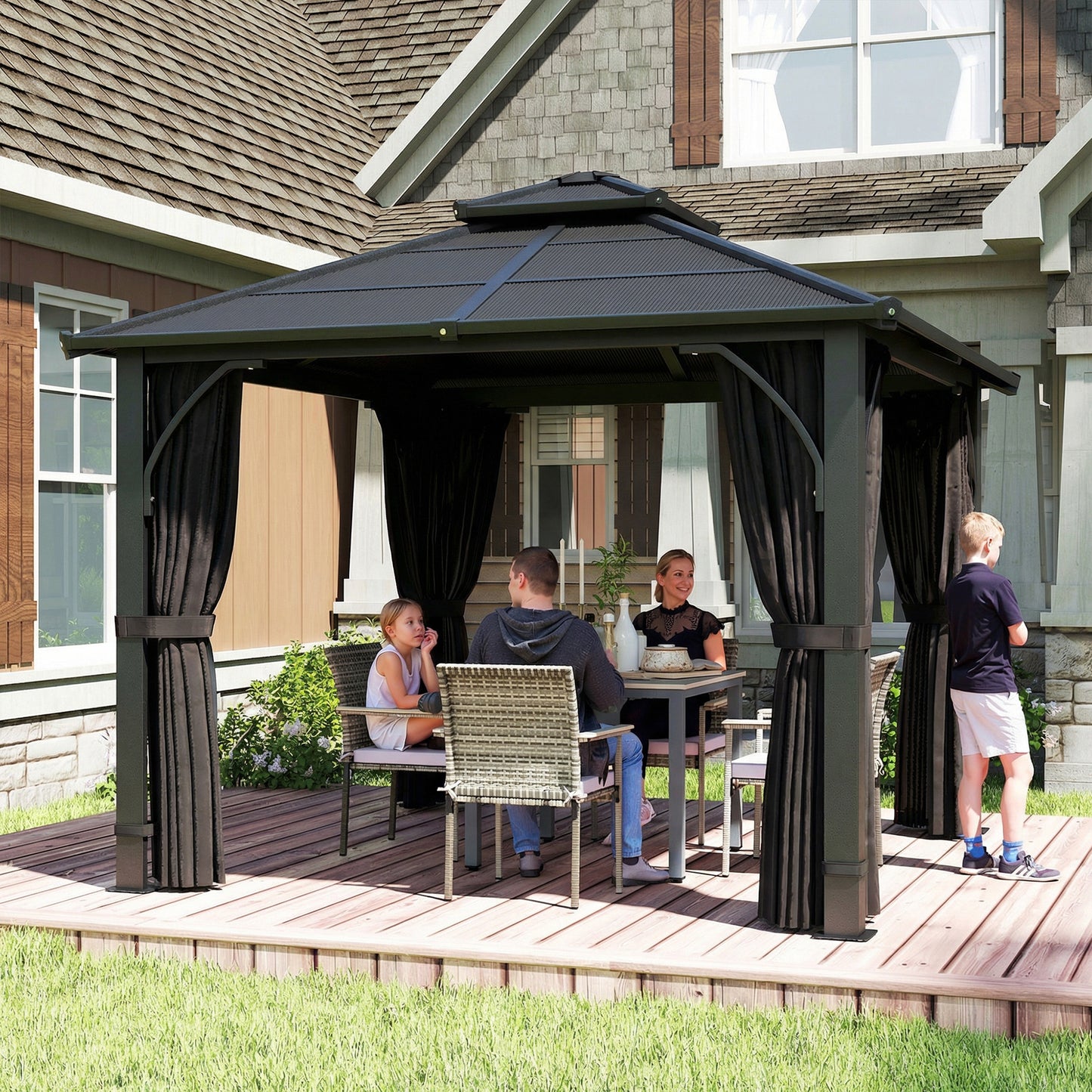 Outsunny 2.5 x 2.5 m Hardtop Gazebo With 7mm Polycarbonate Roof Netting Curtains Dark Grey