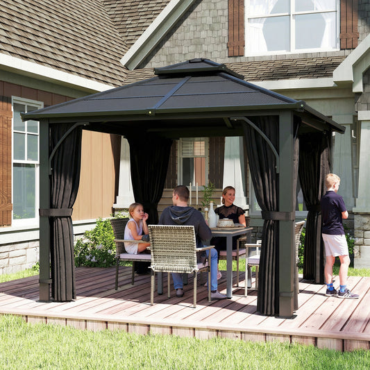 Outsunny 2.5 x 2.5 m Hardtop Gazebo With 7mm Polycarbonate Roof Netting Curtains Dark Grey