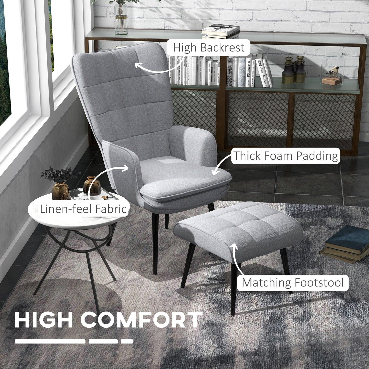 HOMCOM Living Room Chair with Footstool and Steel Legs, Light Grey - ALL4U RETAILER LTD