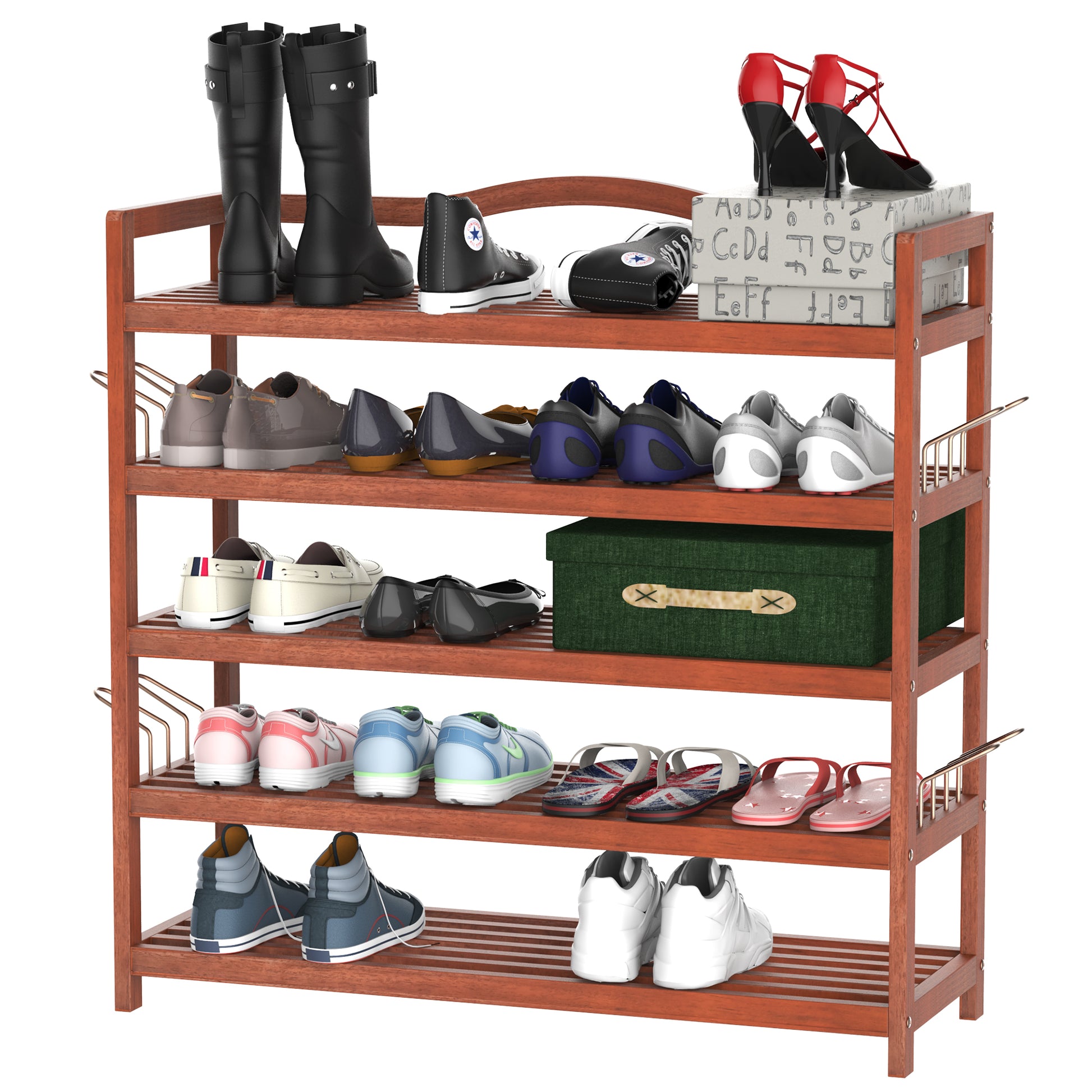 HOMCOM Teak Finish 5-Tier Acacia Wooden Shoe Storage Rack with Hangers – Holds 25 Pairs - ALL4U RETAILER LTD