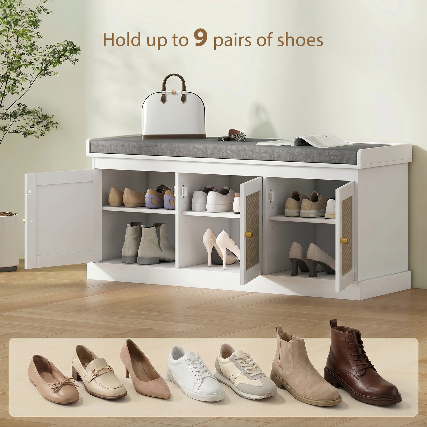 HOMCOM Shoe Storage Bench With Woven Rattan Doors And Soft Removable Cushion White