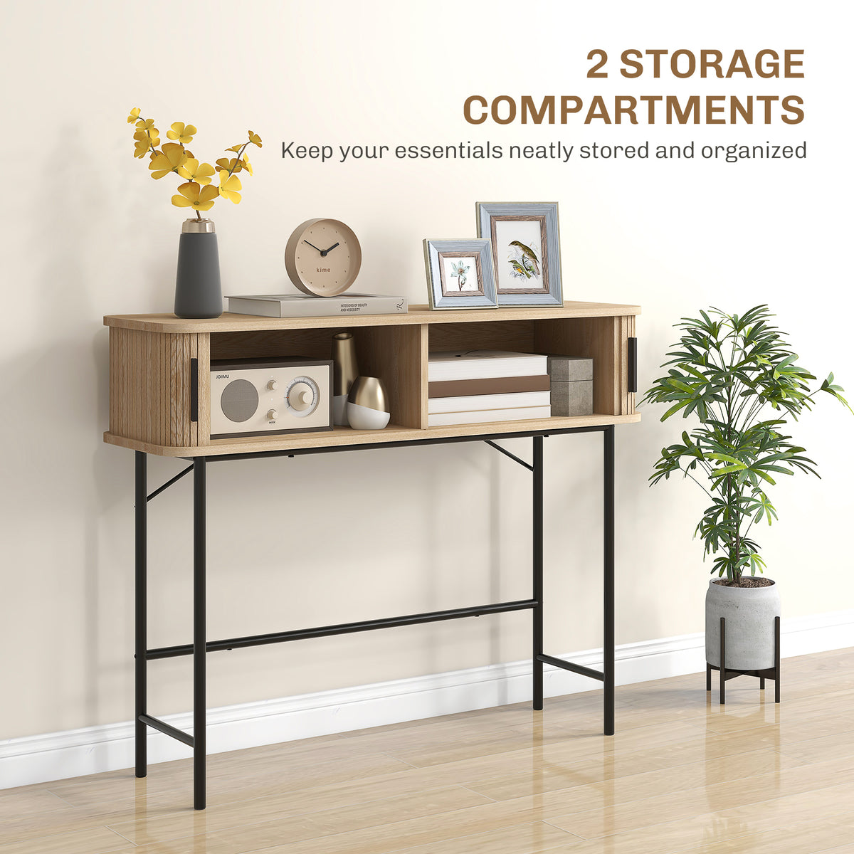 Light wood console table with two sliding doors and black metal base for hallway storage