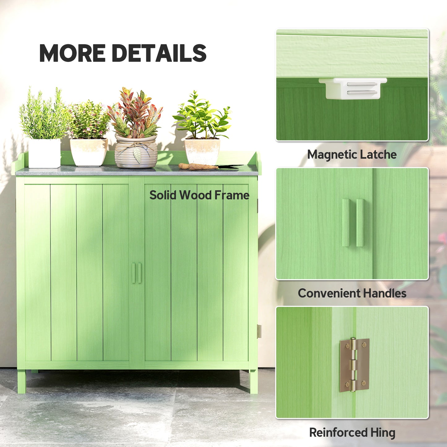 Outsunny Wood Garden Storage Cabinet Potting Bench With Galvanised Top And Two Shelves For Garden Tools And Pool Accessories Green