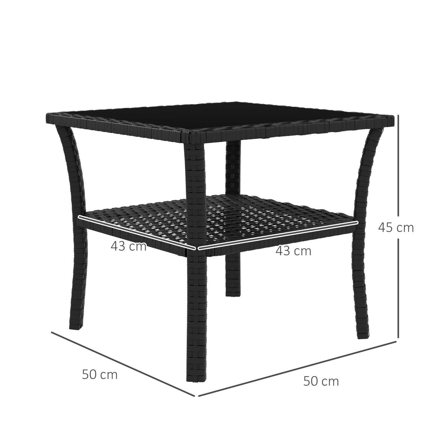 Outsunny Two Tier PE Rattan Square Coffee Table With Glass Top For Outdoor Garden Black