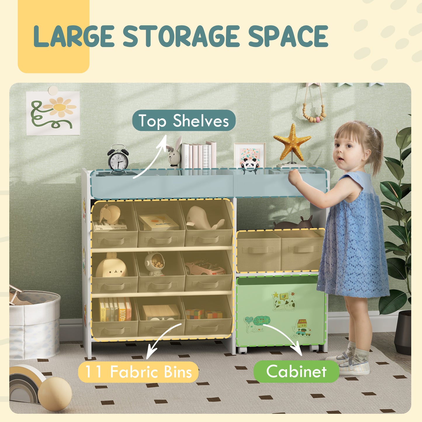 AIYAPLAY Kids Toy Storage Unit With 11 Fabric Bins Cabinet And Top Shelves White For Nursery And Playroom