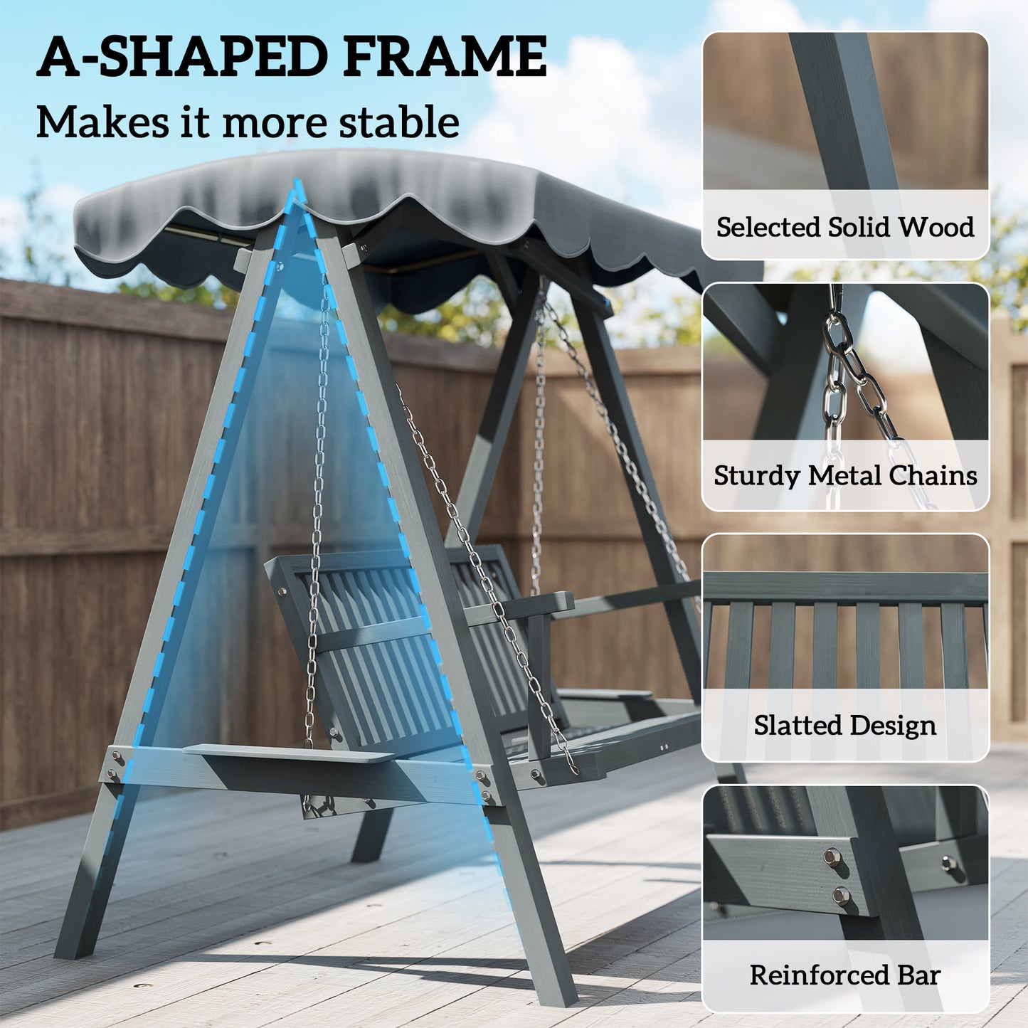 Outsunny 2 Seater Garden Swing With Canopy Wooden Outdoor Swing Chair Hammock Bench For Balcony Patio Porch Grey