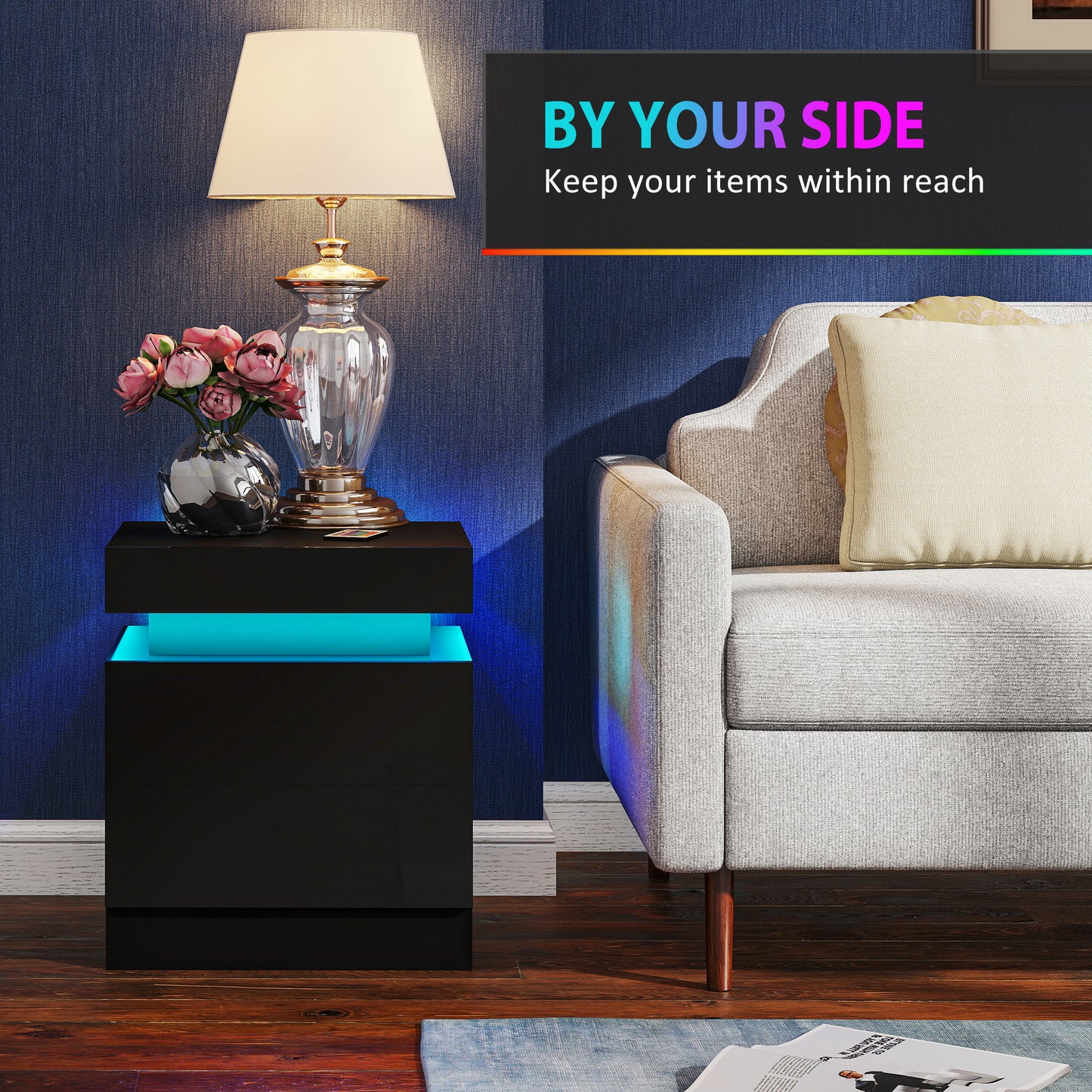 HOMCOM Black LED Bedside Table Set Of 2 With Color Changing Light High Gloss Front Nightstands With Two Drawers