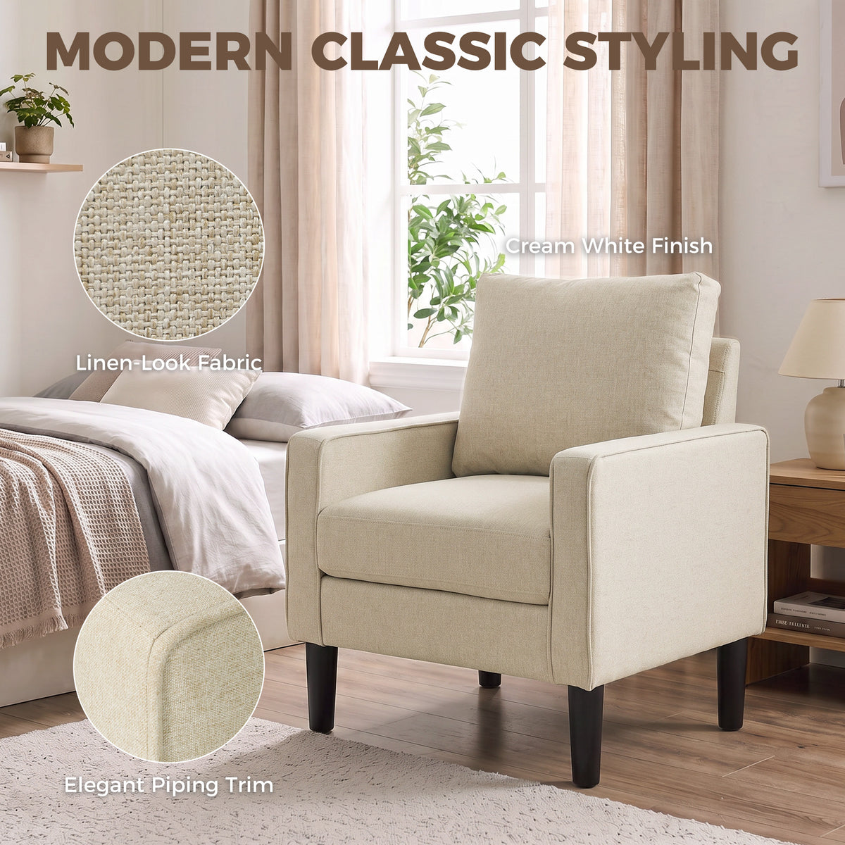 Cream linen-look accent chair with elegant piping trim and square armrests