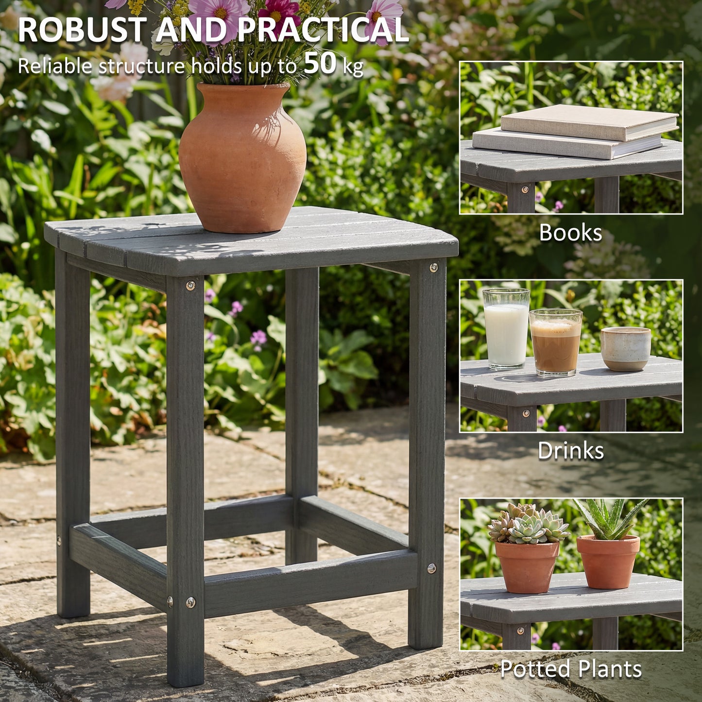 Outsunny All Weather HDPE Garden Side Table With Wood Effect Texture For Indoor Outdoor Patio Grey