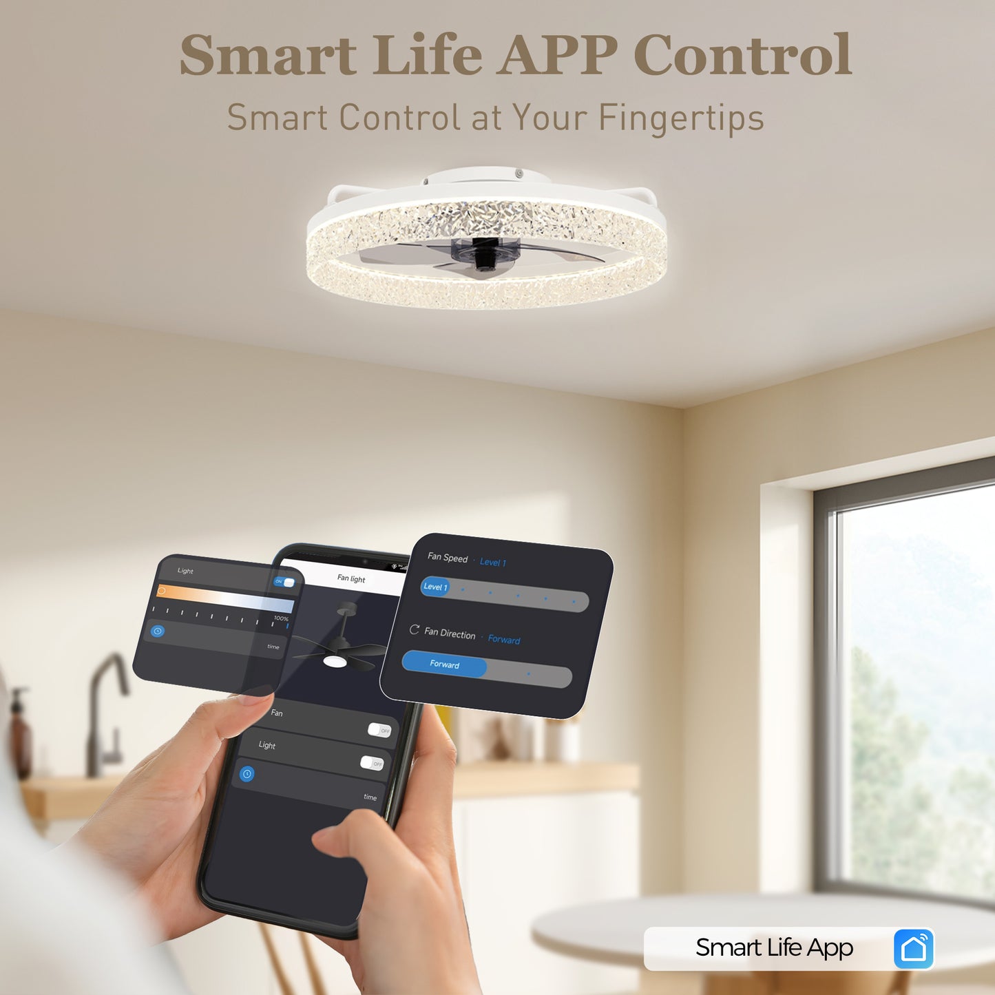 HOMCOM Dimmable LED Ceiling Fan With Light Remote App Control For Bedroom White Quiet Operation