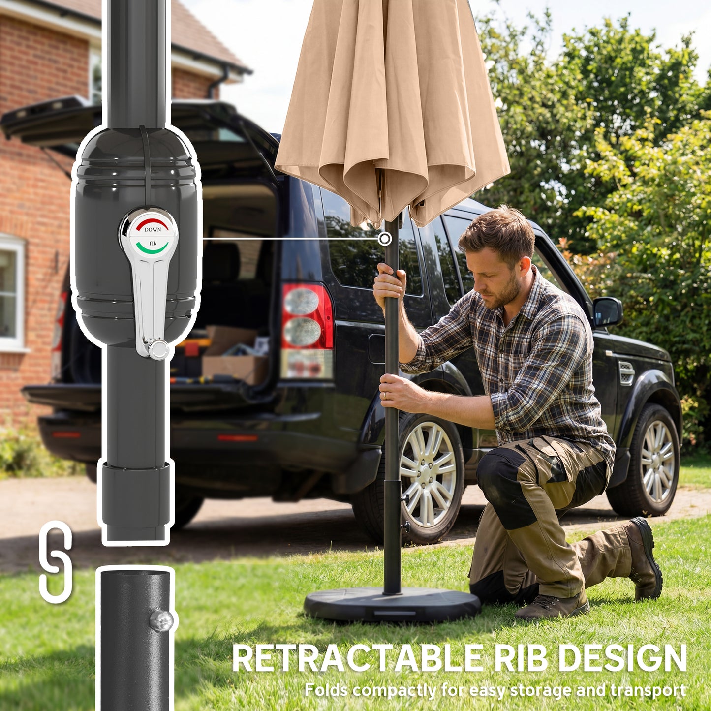 Outsunny 2.7m Garden Parasol Umbrella With Cross Base And Sandbag Retractable Ribs Outdoor Table Market Umbrella Khaki