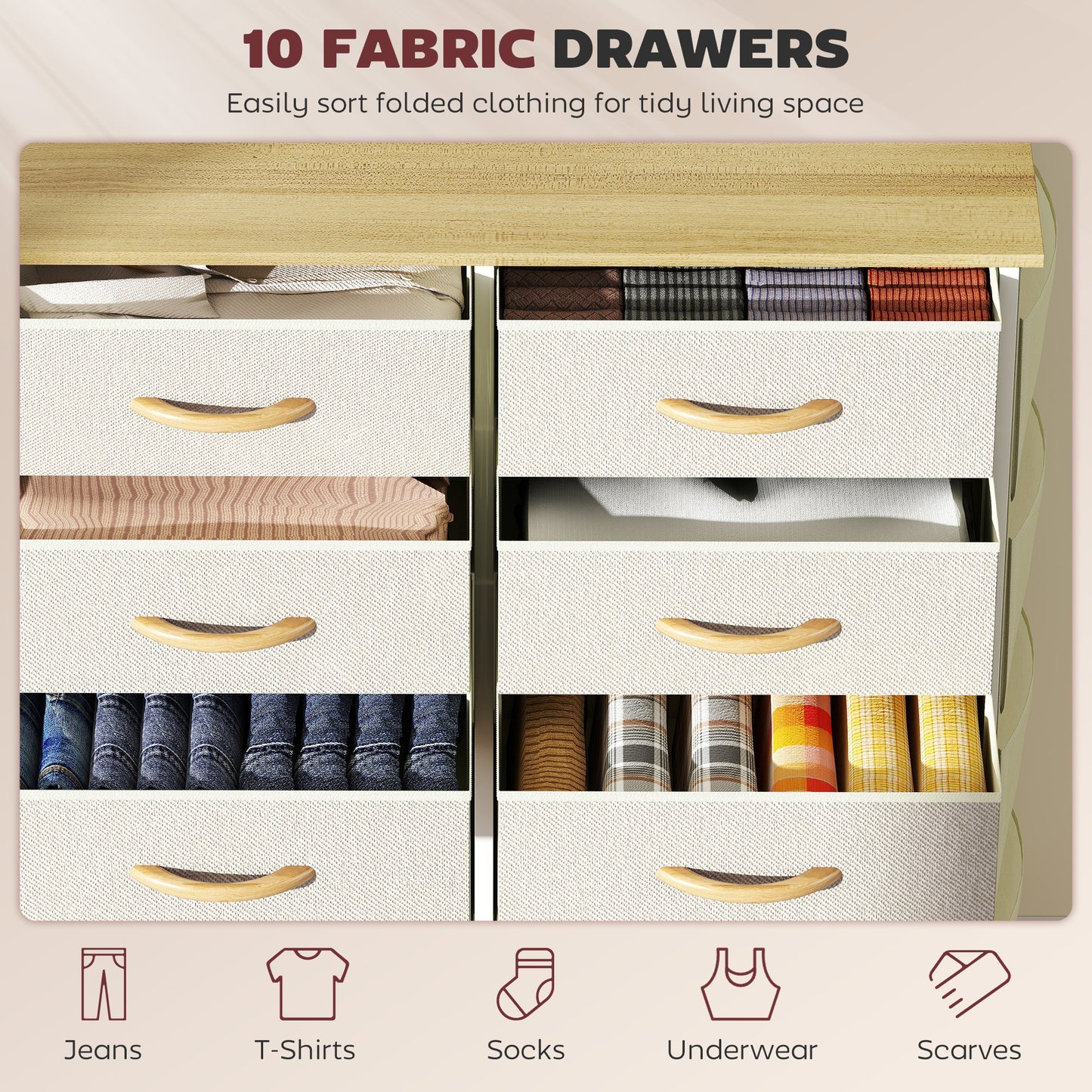 HOMCOM Fabric Chest of Ten Drawers Beige with Steel Frame X Bars Six Small and Four Large Drawers for Bedroom Storage