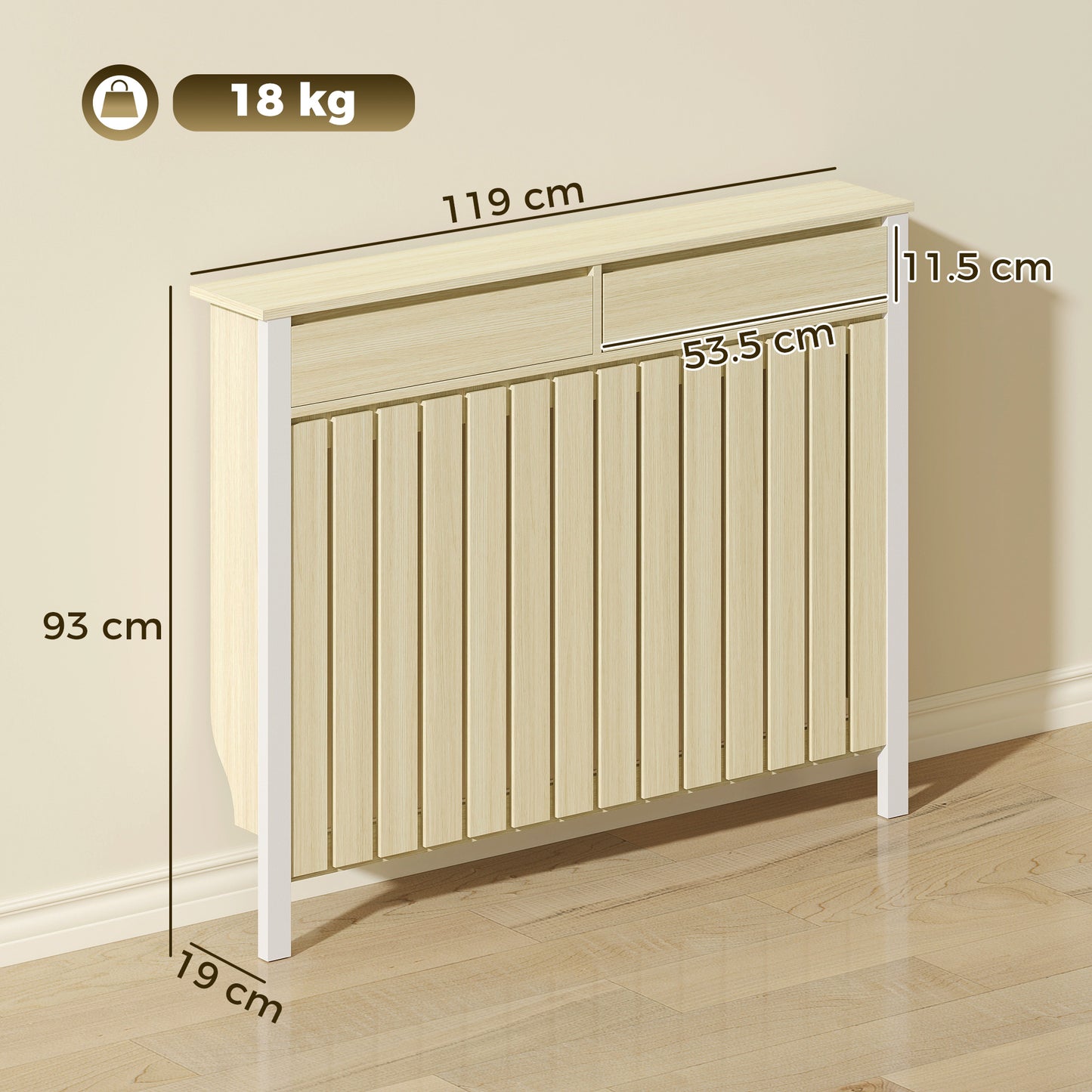 HOMCOM 93 X 119 Cm Rustic Look Slim Radiator Cover In White MDF With Two Top Drawers