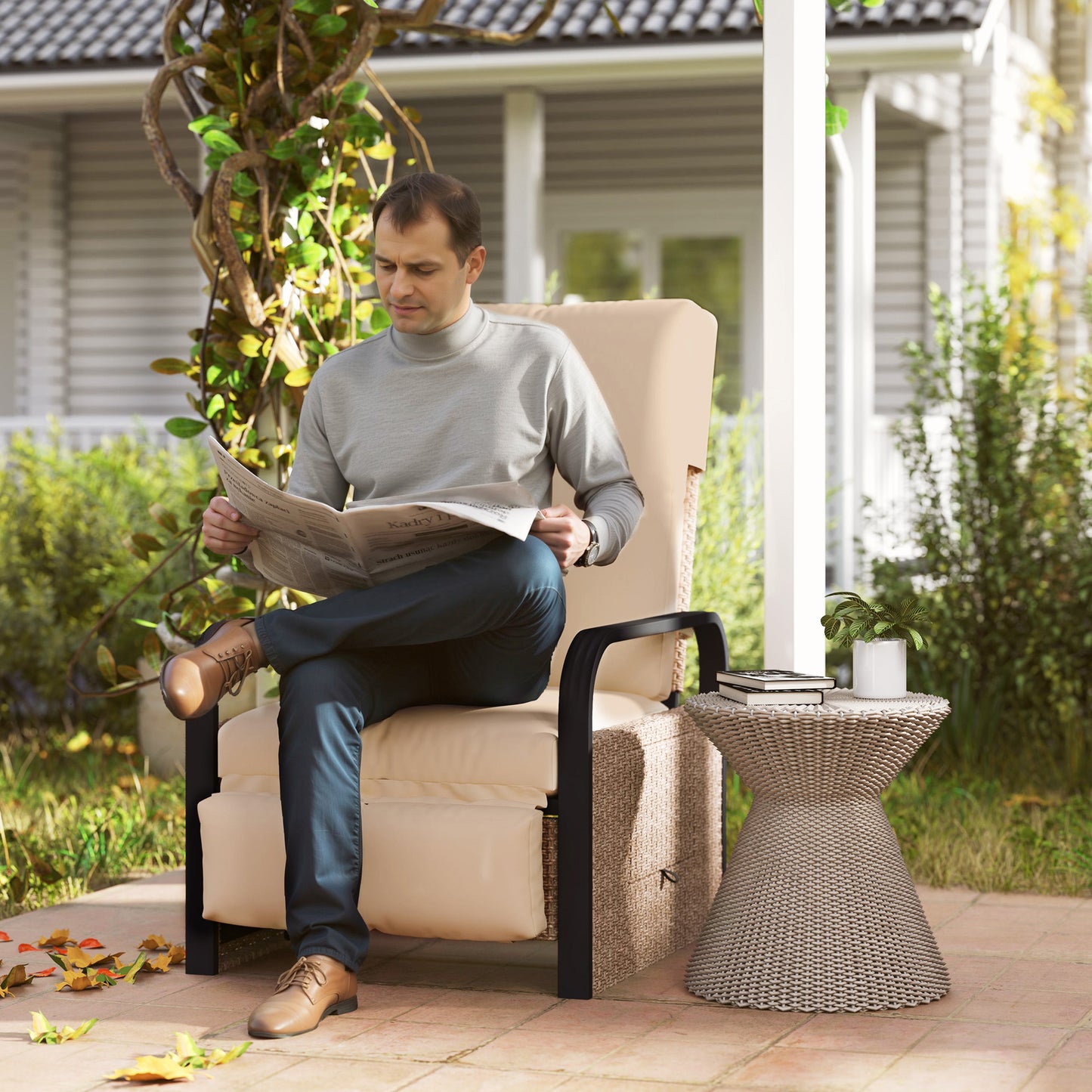 Outsunny 140 Degree Reclining Rattan Armchair With Footrest And Cushioned Seat In Brown Khaki