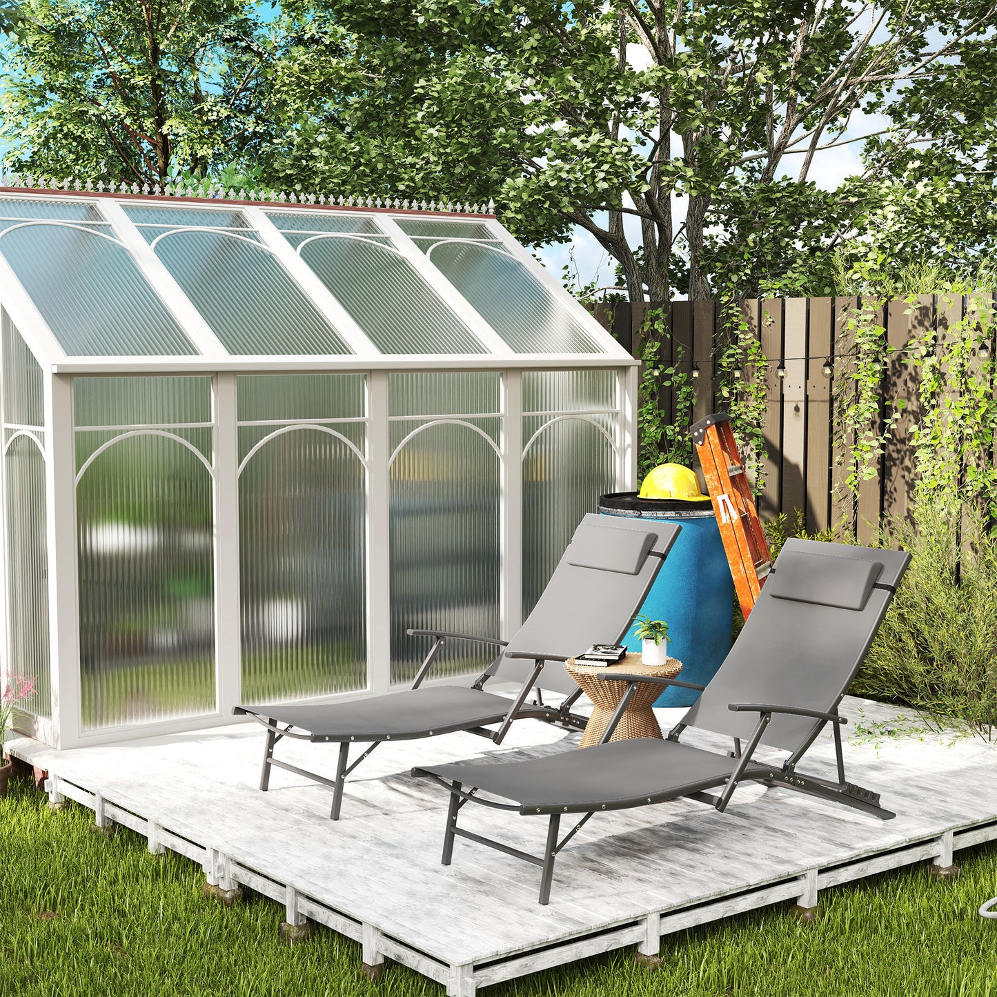 Outsunny Set of Two Adjustable Back Sun Loungers in Grey with Quick Dry Mesh and Head Pillows